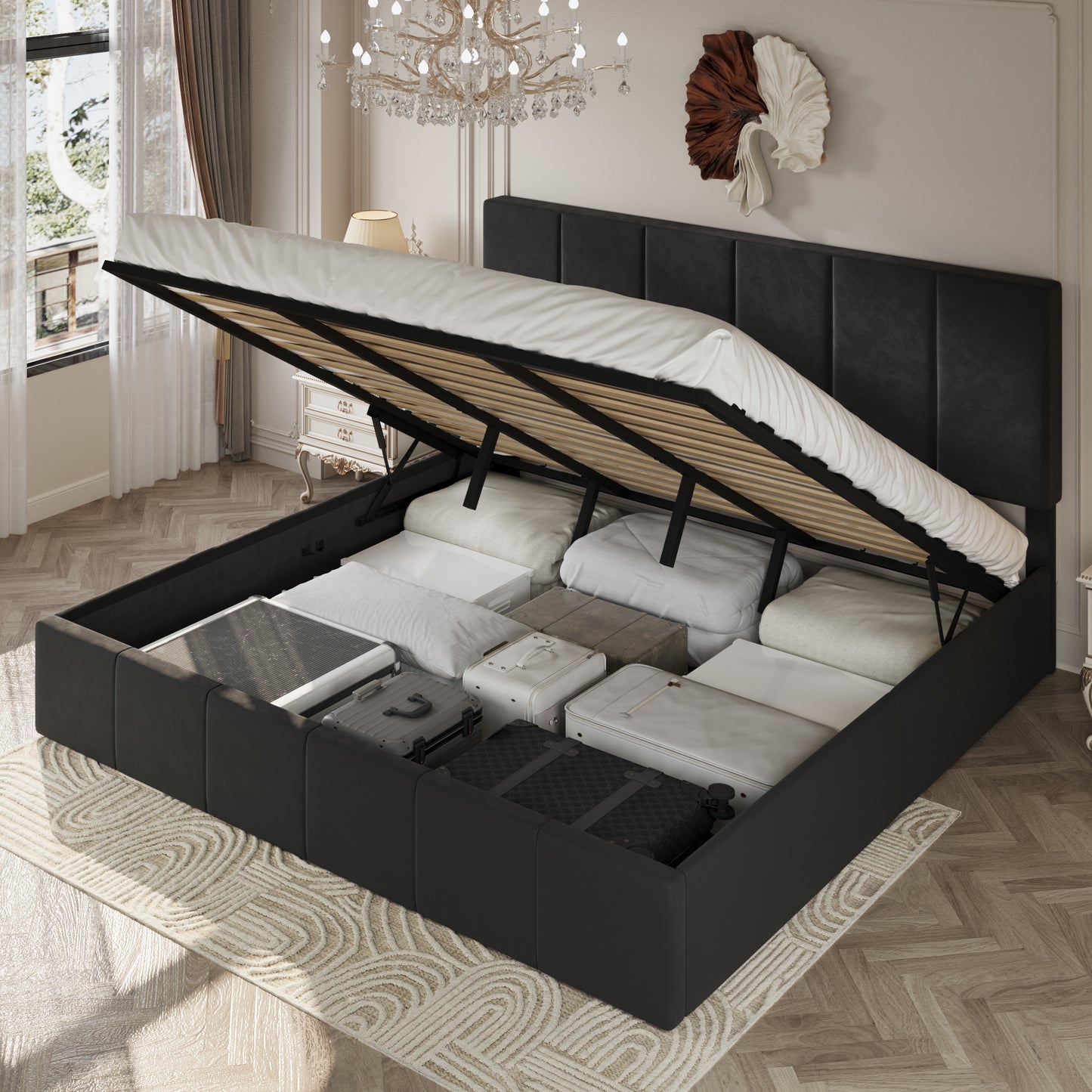 Amolife Lift Up Storage Bed Frame with Velvet Adjustable Headboard and Ample Storage Space, No Box Spring Needed