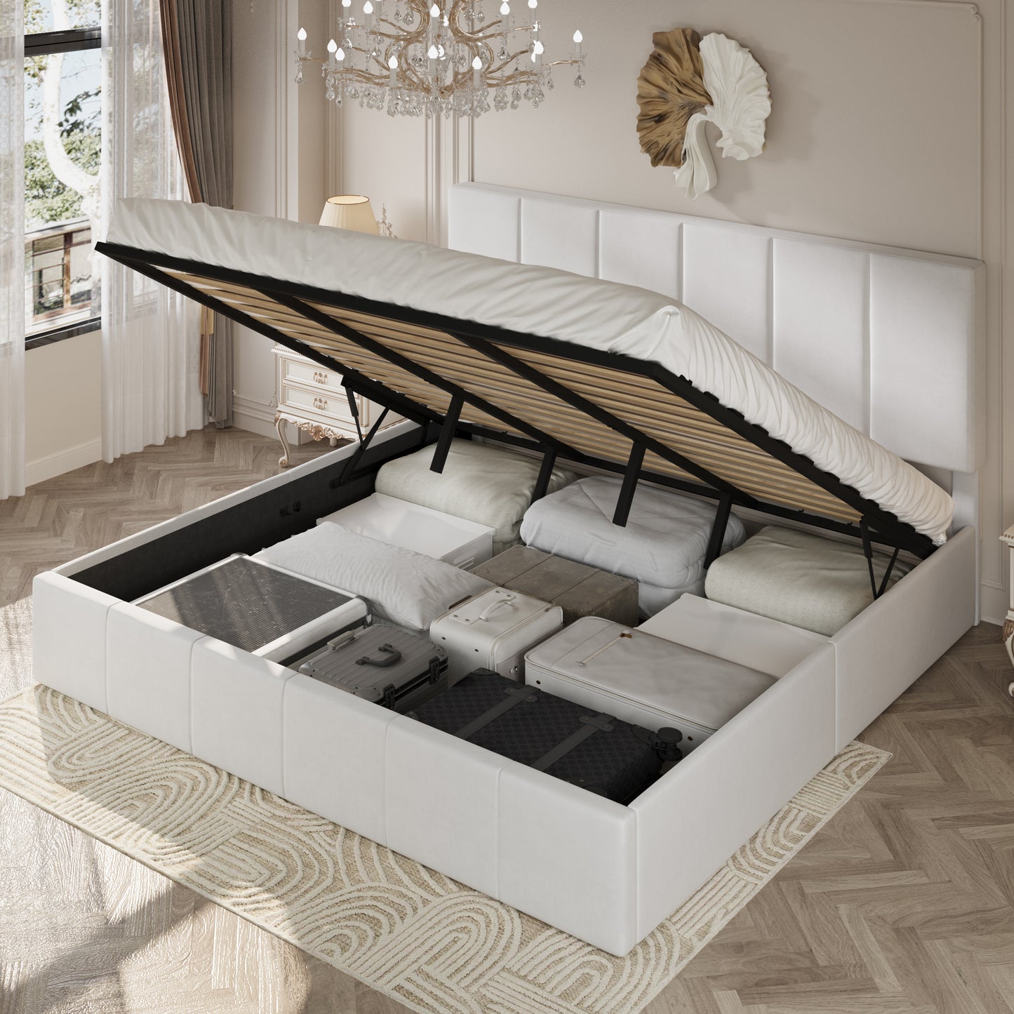 Amolife Lift Up Storage Bed Frame with Velvet Adjustable Headboard and Ample Storage Space, No Box Spring Needed