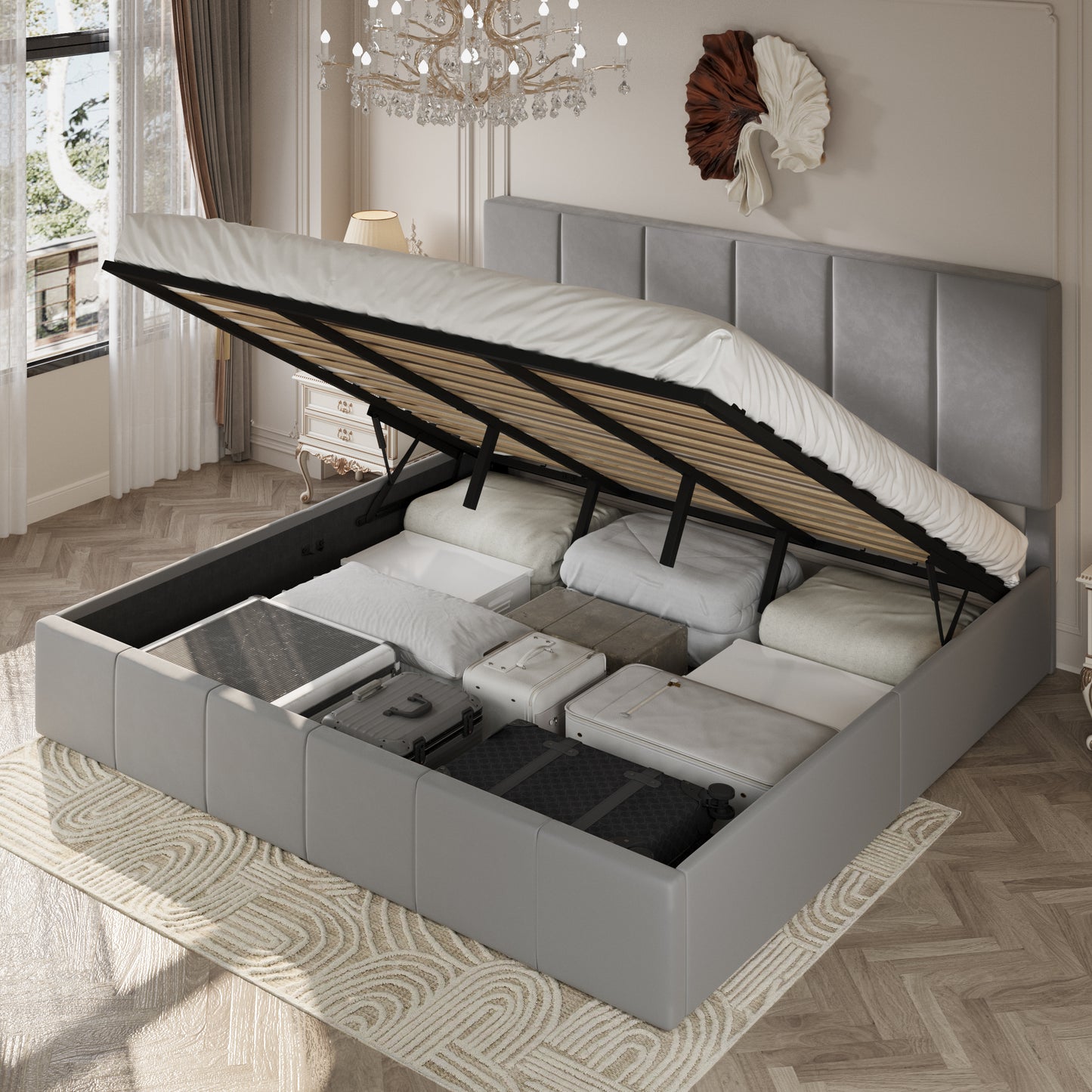Amolife Lift Up Storage Bed Frame with Velvet Adjustable Headboard and Ample Storage Space, No Box Spring Needed
