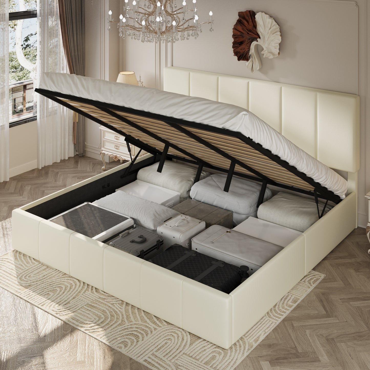 Amolife Lift Up Storage Bed Frame with Velvet Adjustable Headboard and Ample Storage Space, No Box Spring Needed