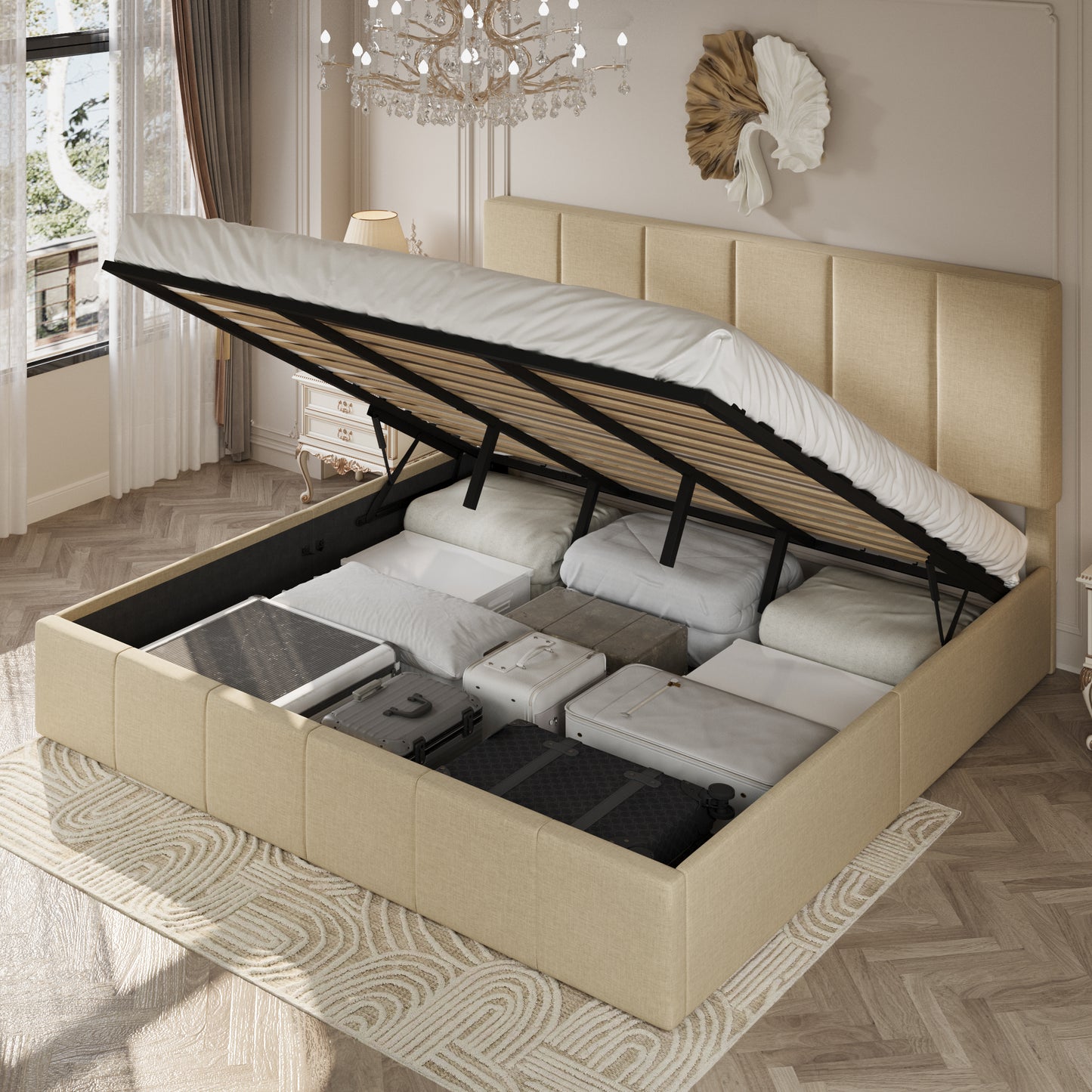 Amolife Lift Up Storage Bed Frame with Velvet Adjustable Headboard and Ample Storage Space, No Box Spring Needed