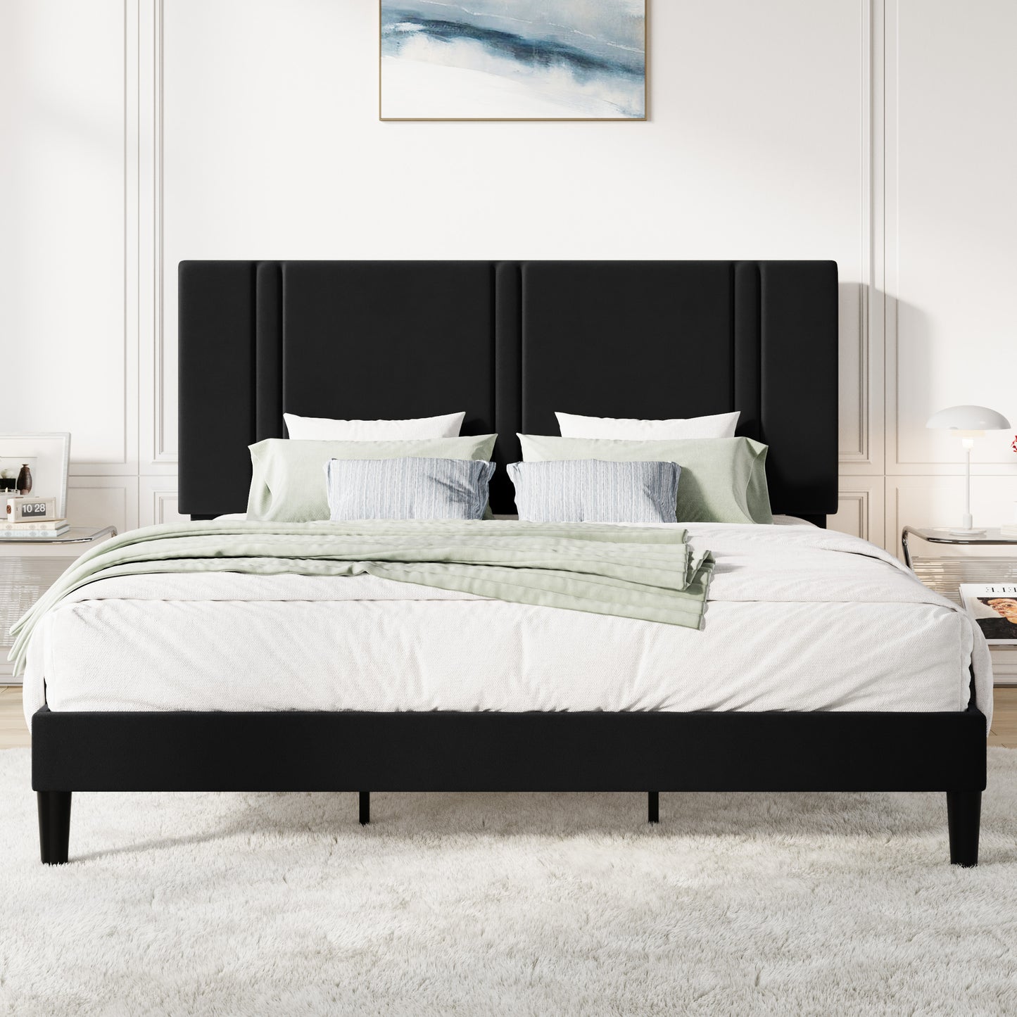 Amolife Bed Frame, Platform Bed with Upholstered Velvet Adjustable Headboard, Wooden Slats, Easy Assembly