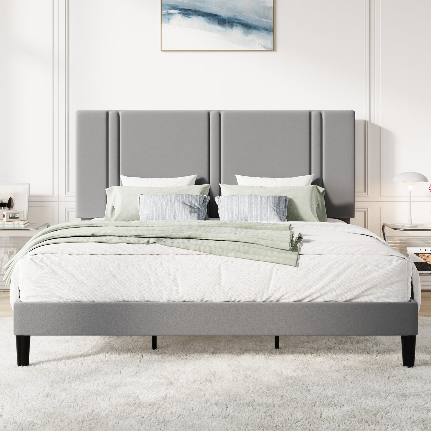 Amolife Bed Frame, Platform Bed with Upholstered Velvet Adjustable Headboard, Wooden Slats, Easy Assembly