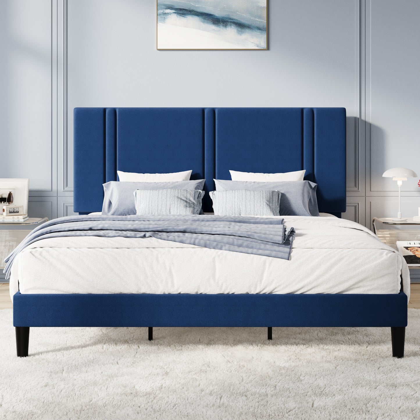 Amolife Bed Frame, Platform Bed with Upholstered Velvet Adjustable Headboard, Wooden Slats, Easy Assembly