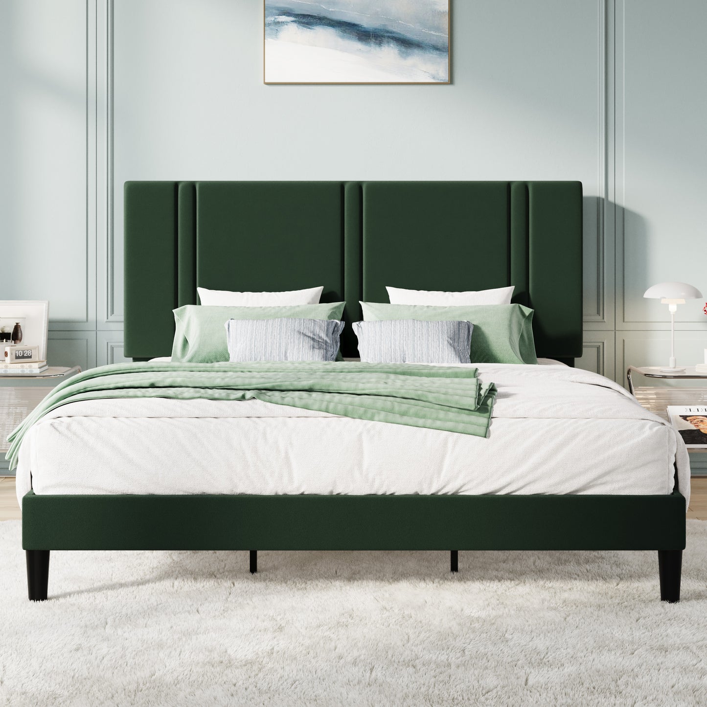 Amolife Bed Frame, Platform Bed with Upholstered Velvet Adjustable Headboard, Wooden Slats, Easy Assembly