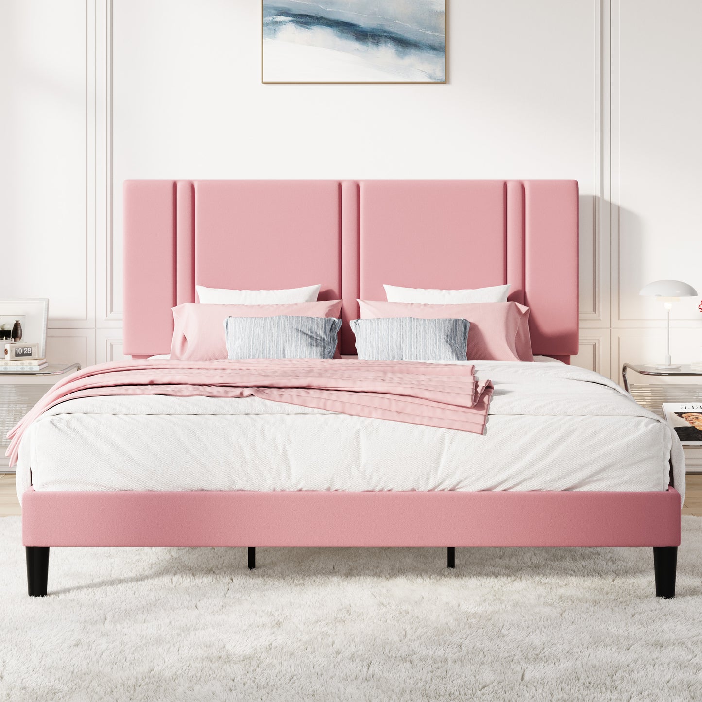 Amolife Bed Frame, Platform Bed with Upholstered Velvet Adjustable Headboard, Wooden Slats, Easy Assembly