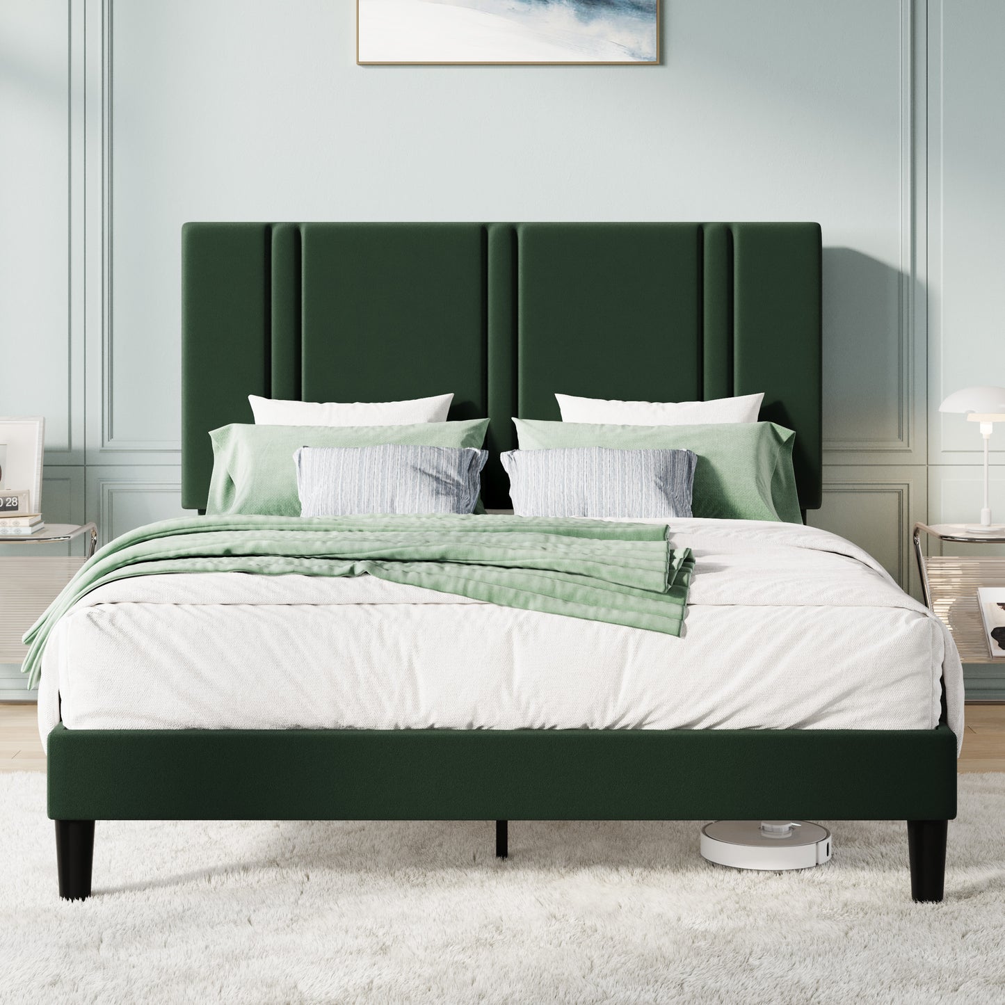 Amolife Bed Frame, Platform Bed with Upholstered Velvet Adjustable Headboard, Wooden Slats, Easy Assembly