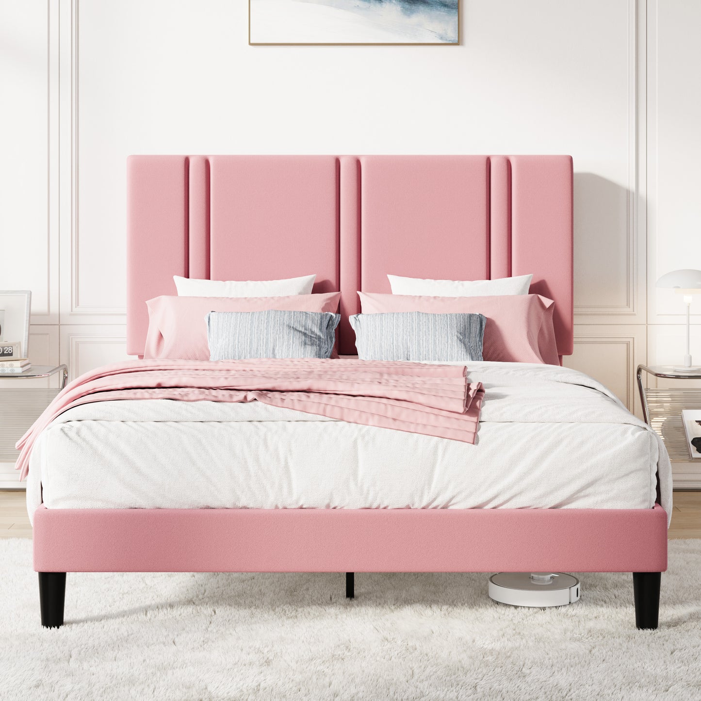 Amolife Bed Frame, Platform Bed with Upholstered Velvet Adjustable Headboard, Wooden Slats, Easy Assembly