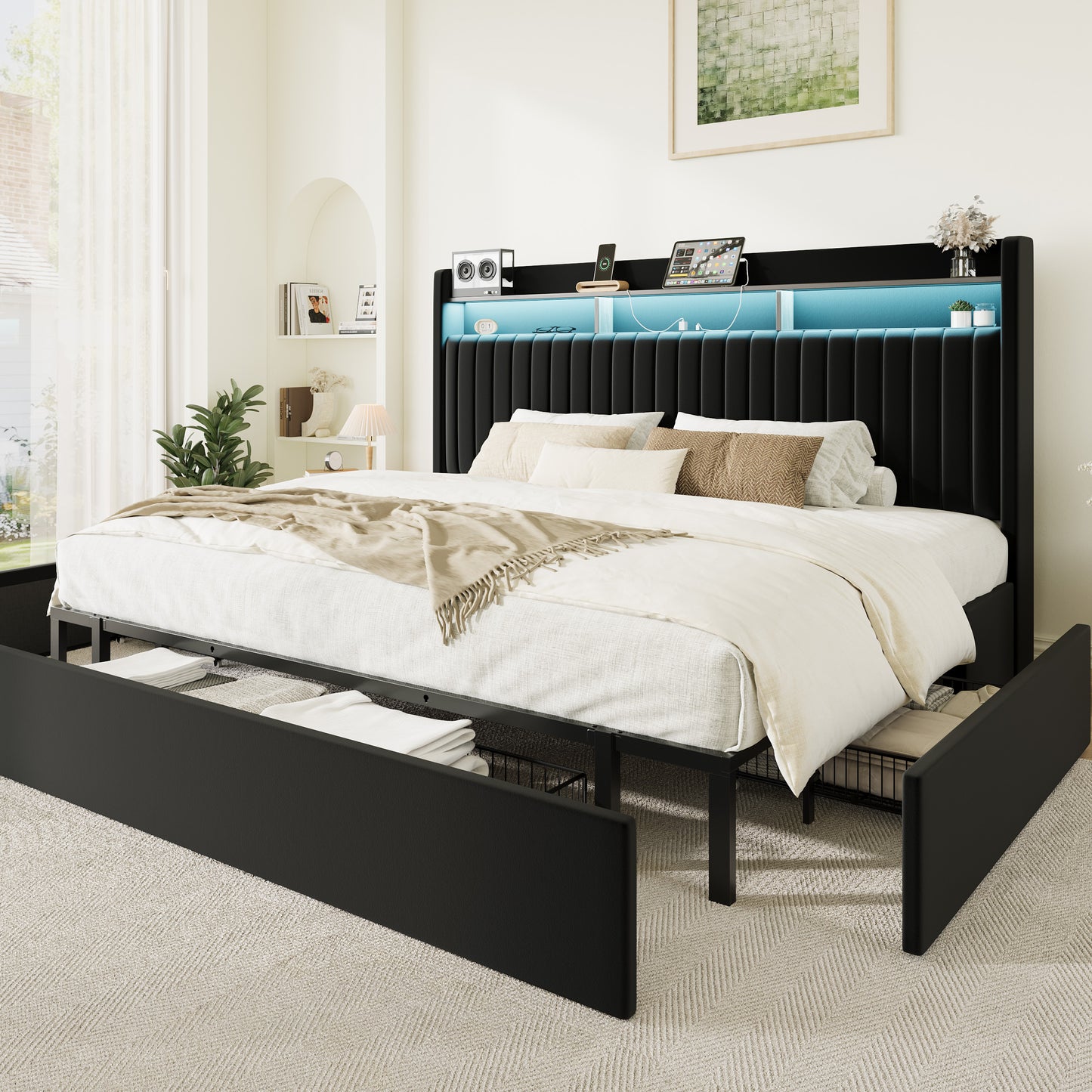 Amolife Bed Frame, Upholstered Storage Bed with 2 Shelves LED Wingback Headboard, 3 Drawers & USB Ports