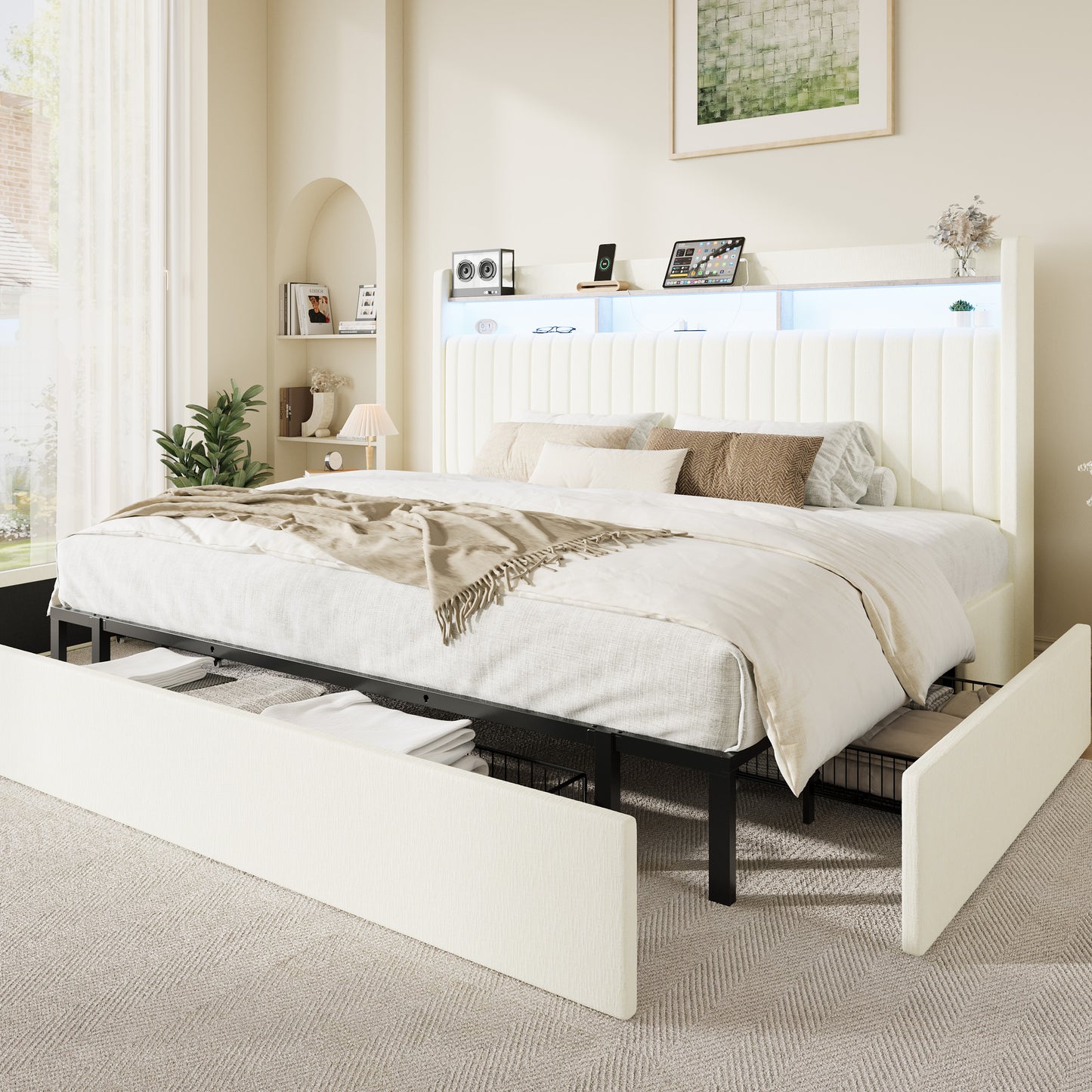 Amolife Bed Frame, Upholstered Storage Bed with 2 Shelves LED Wingback Headboard, 3 Drawers & USB Ports
