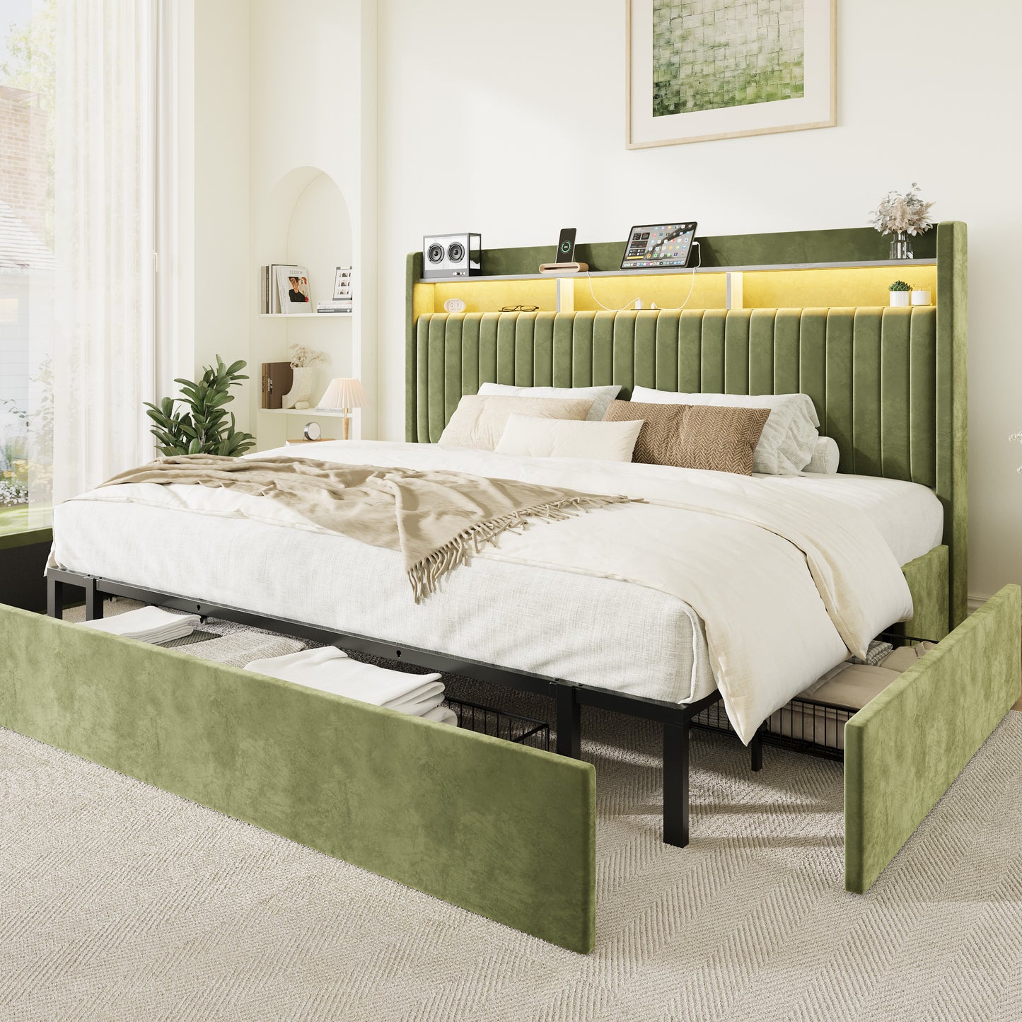 Amolife Bed Frame, Upholstered Storage Bed with 2 Shelves LED Wingback Headboard, 3 Drawers & USB Ports