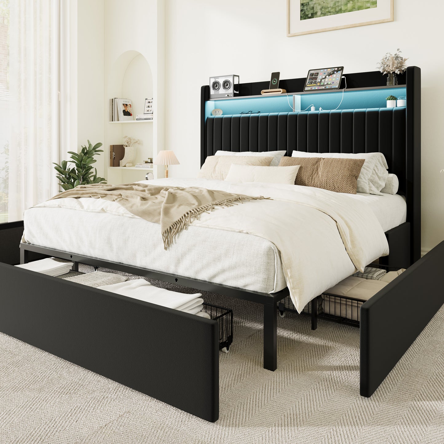 Amolife Bed Frame, Upholstered Storage Bed with 2 Shelves LED Wingback Headboard, 3 Drawers & USB Ports