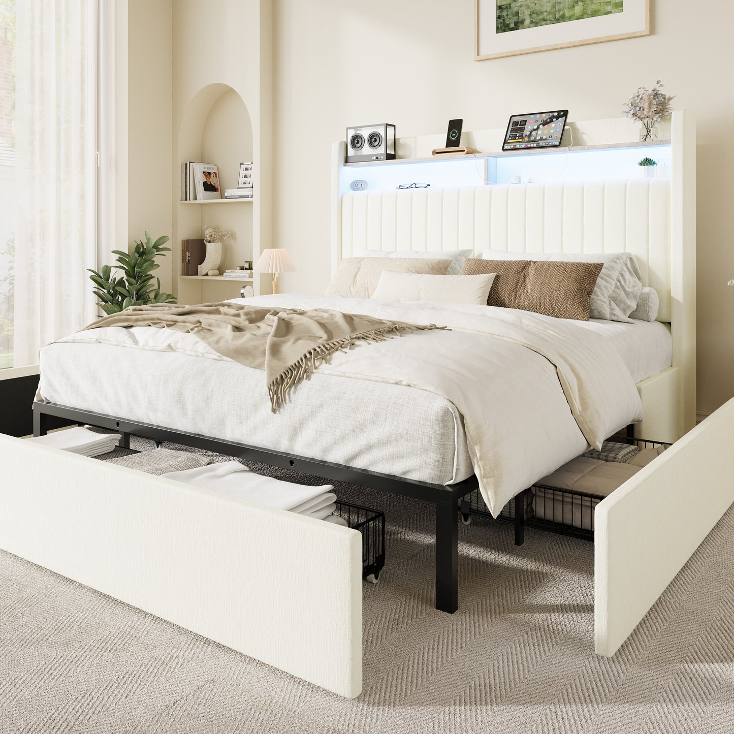 Amolife Bed Frame, Upholstered Storage Bed with 2 Shelves LED Wingback Headboard, 3 Drawers & USB Ports