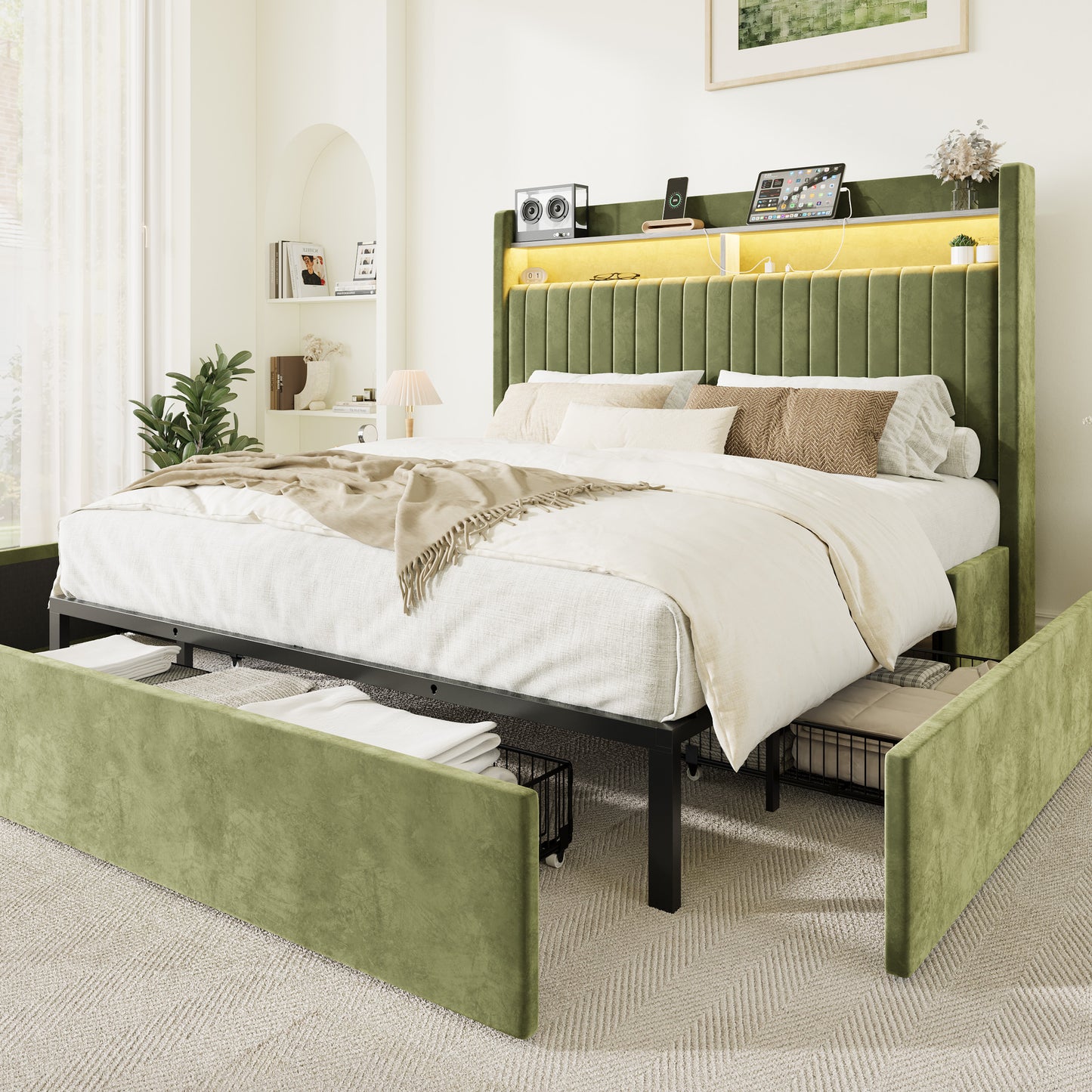 Amolife Bed Frame, Upholstered Storage Bed with 2 Shelves LED Wingback Headboard, 3 Drawers & USB Ports