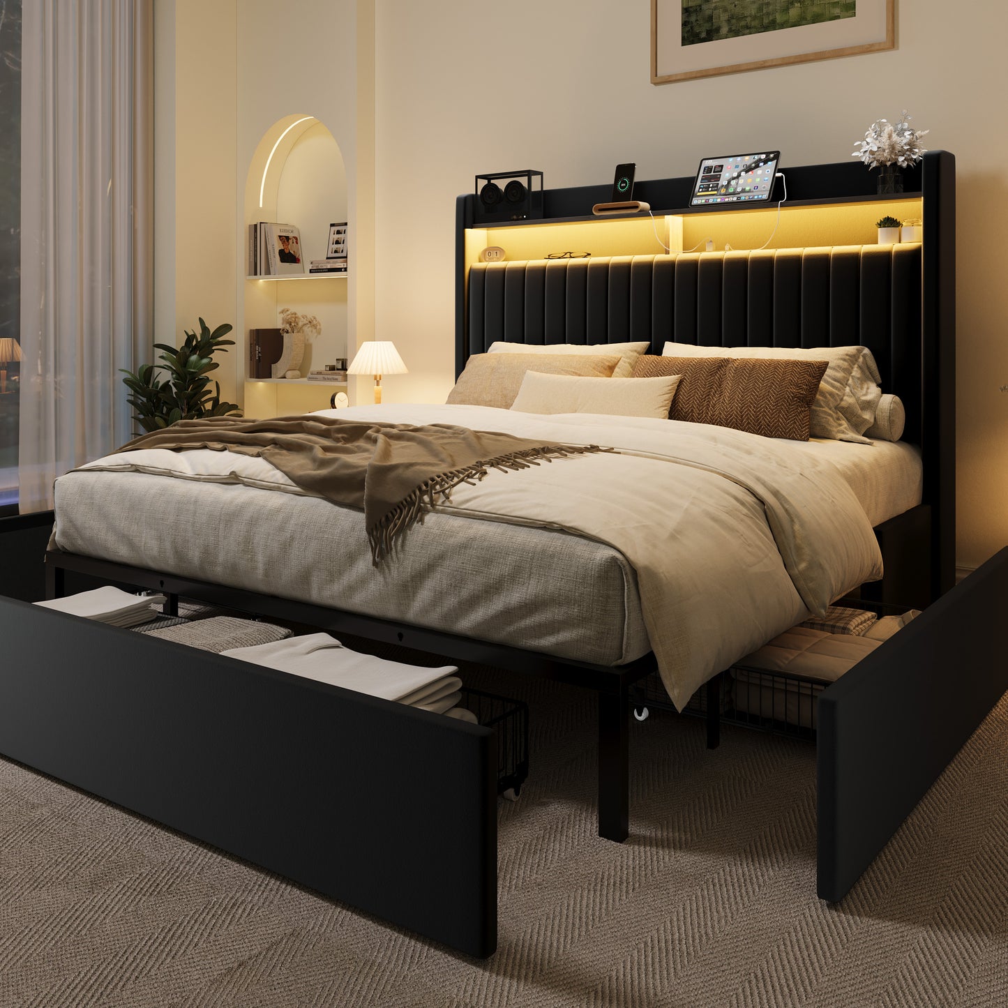 Amolife Bed Frame, Upholstered Storage Bed with 2 Shelves LED Wingback Headboard, 3 Drawers & USB Ports