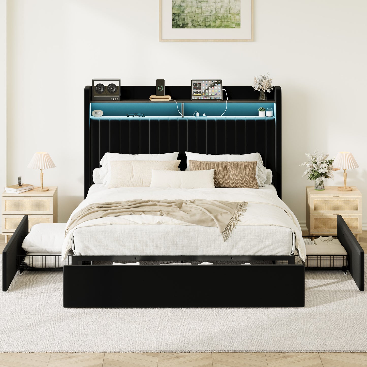 Amolife Bed Frame, Upholstered Storage Bed with 2 Shelves LED Wingback Headboard, 3 Drawers & USB Ports
