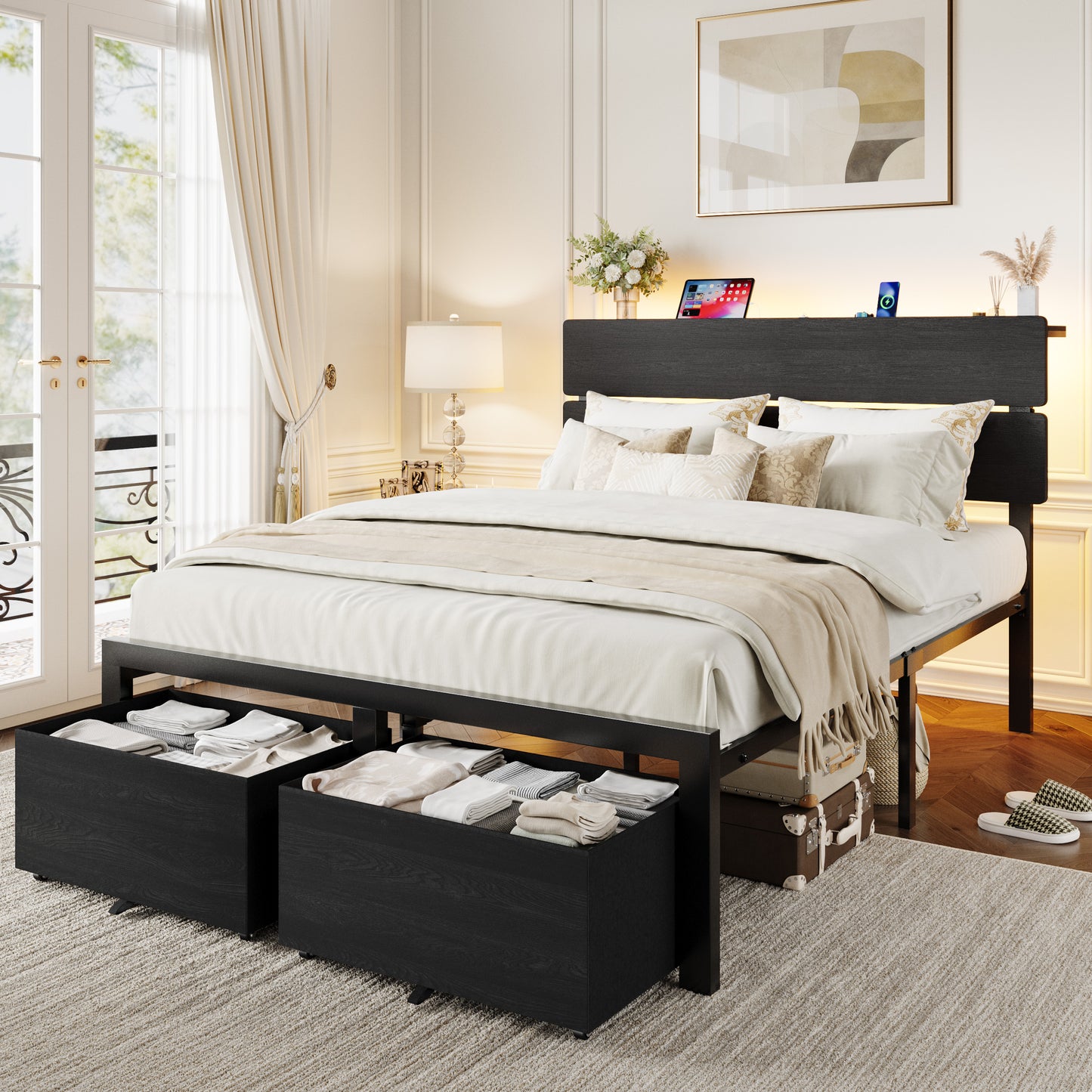 Amolife Bed Frame with 2 Large‑Capacity Drawers and LED Wooden Storage Headboard, Platform Metal Bed with Charging Station, No Box Spring Needed