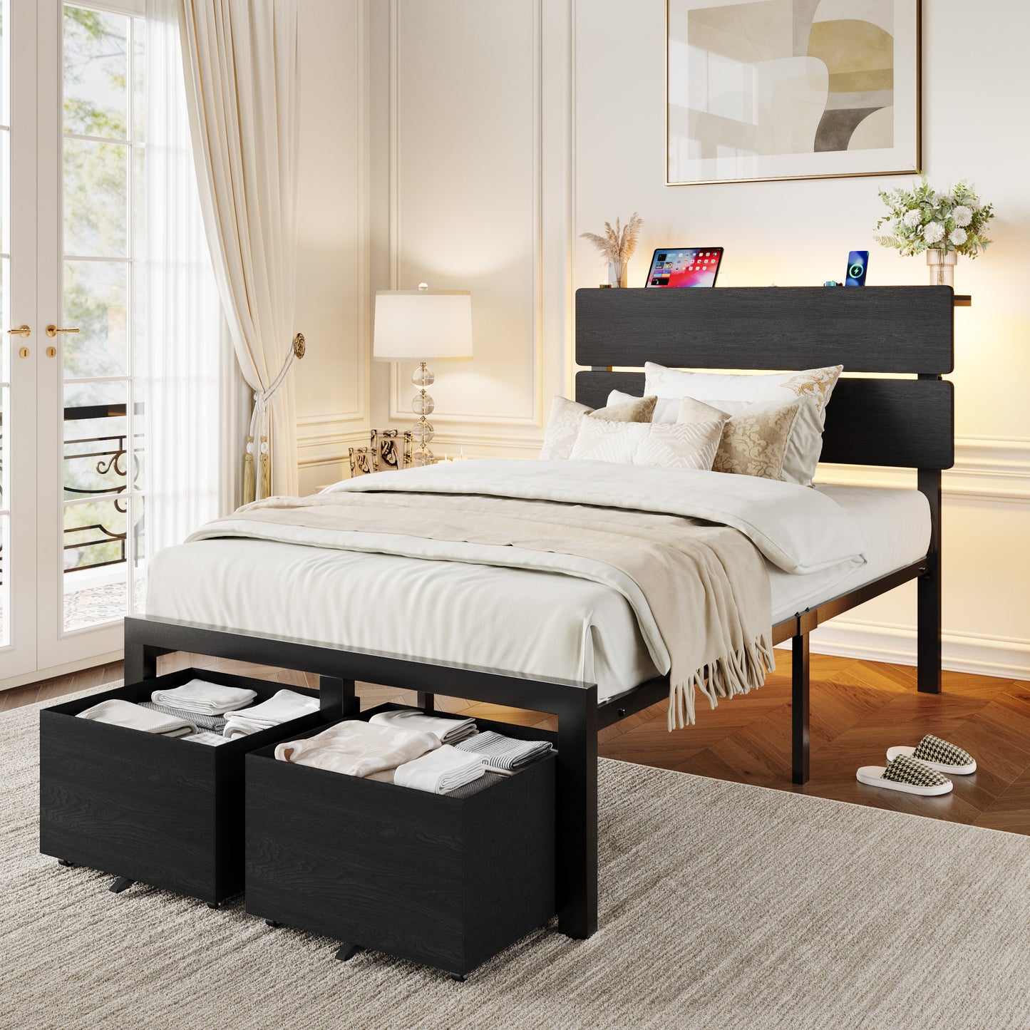 Amolife Bed Frame with 2 Large‑Capacity Drawers and LED Wooden Storage Headboard, Platform Metal Bed with Charging Station, No Box Spring Needed
