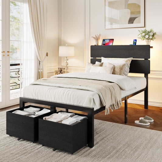 Amolife Bed Frame with 2 Large‑Capacity Drawers and LED Wooden Storage Headboard, Platform Metal Bed with Charging Station, No Box Spring Needed