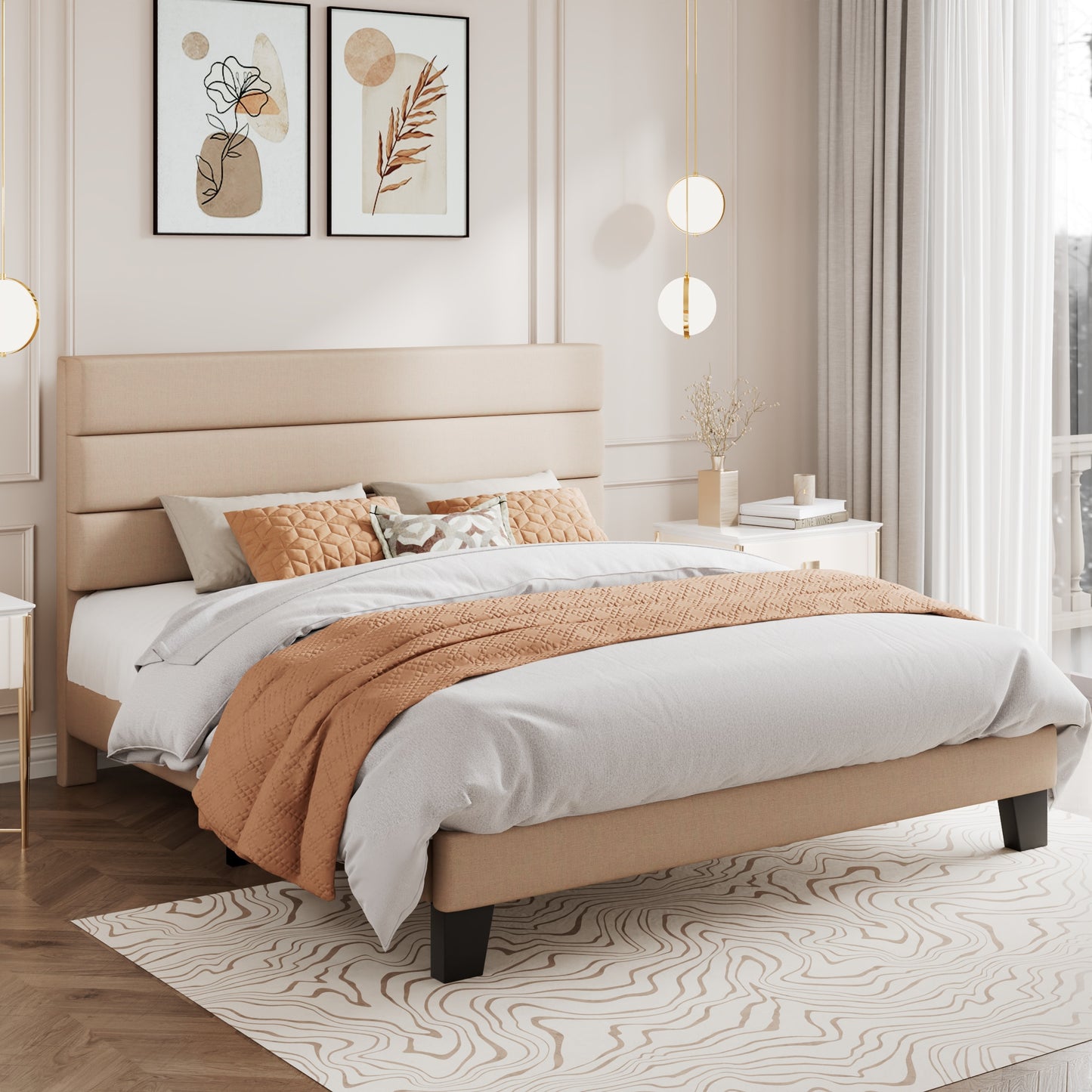 Modern Upholstered Platform Bed Frame with Headboard and Wooden Slats