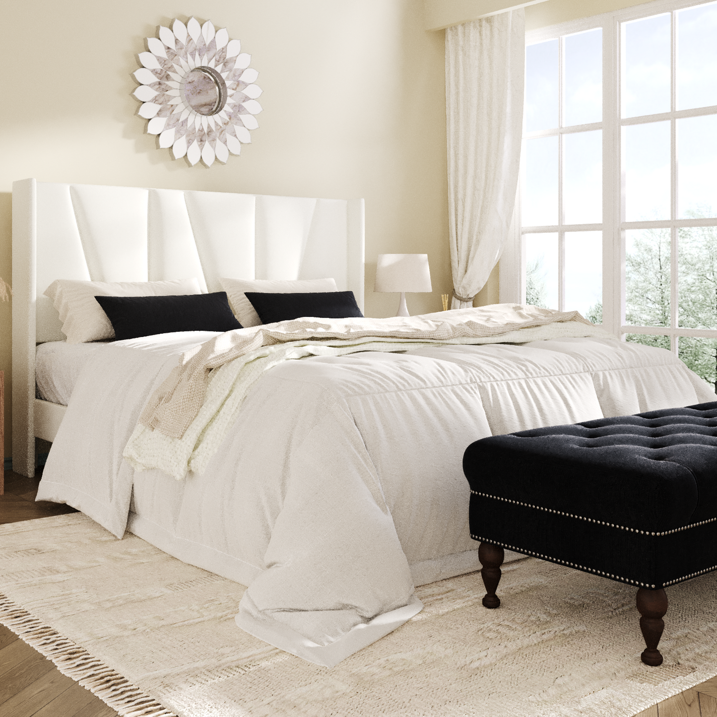 Amolife Bed Frame, Upholstered Platform Bed with Wingback and Geometric Headboard