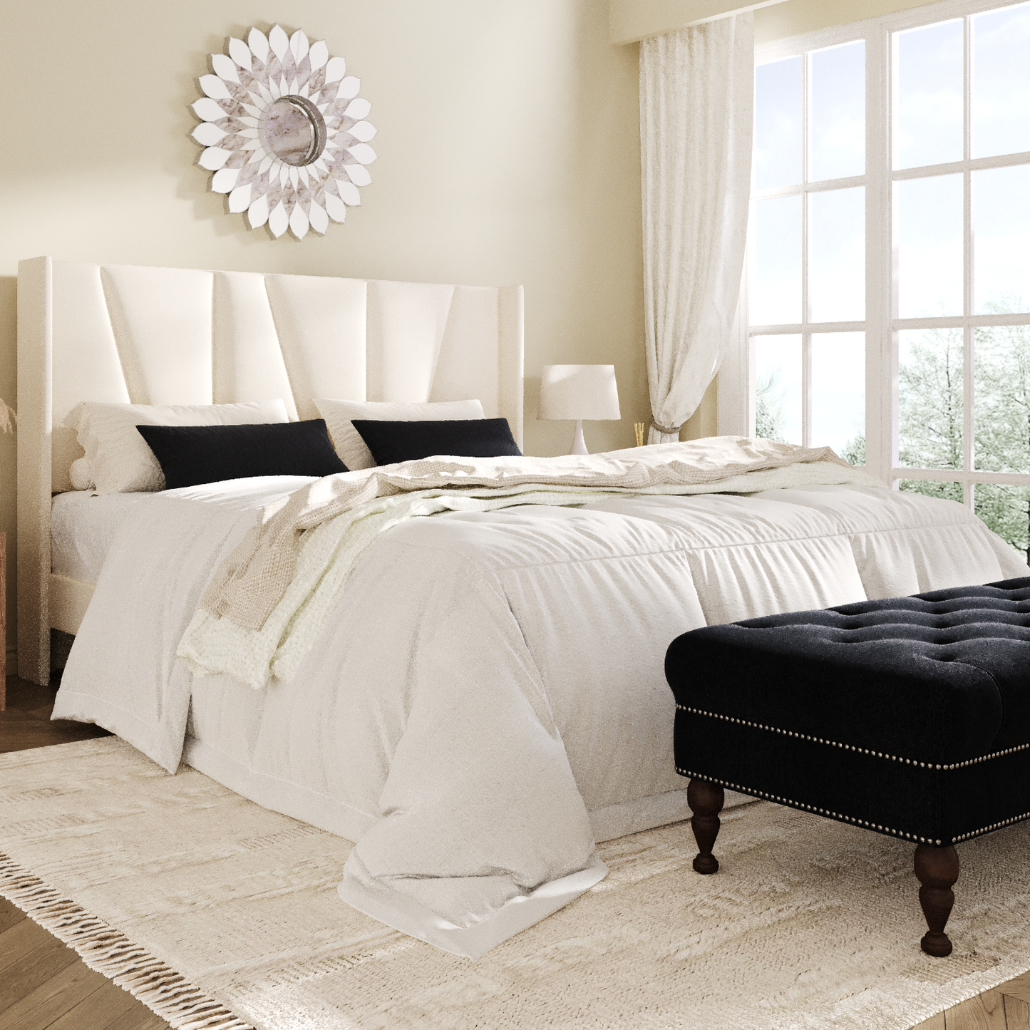 Amolife Bed Frame, Upholstered Platform Bed with Wingback and Geometric Headboard
