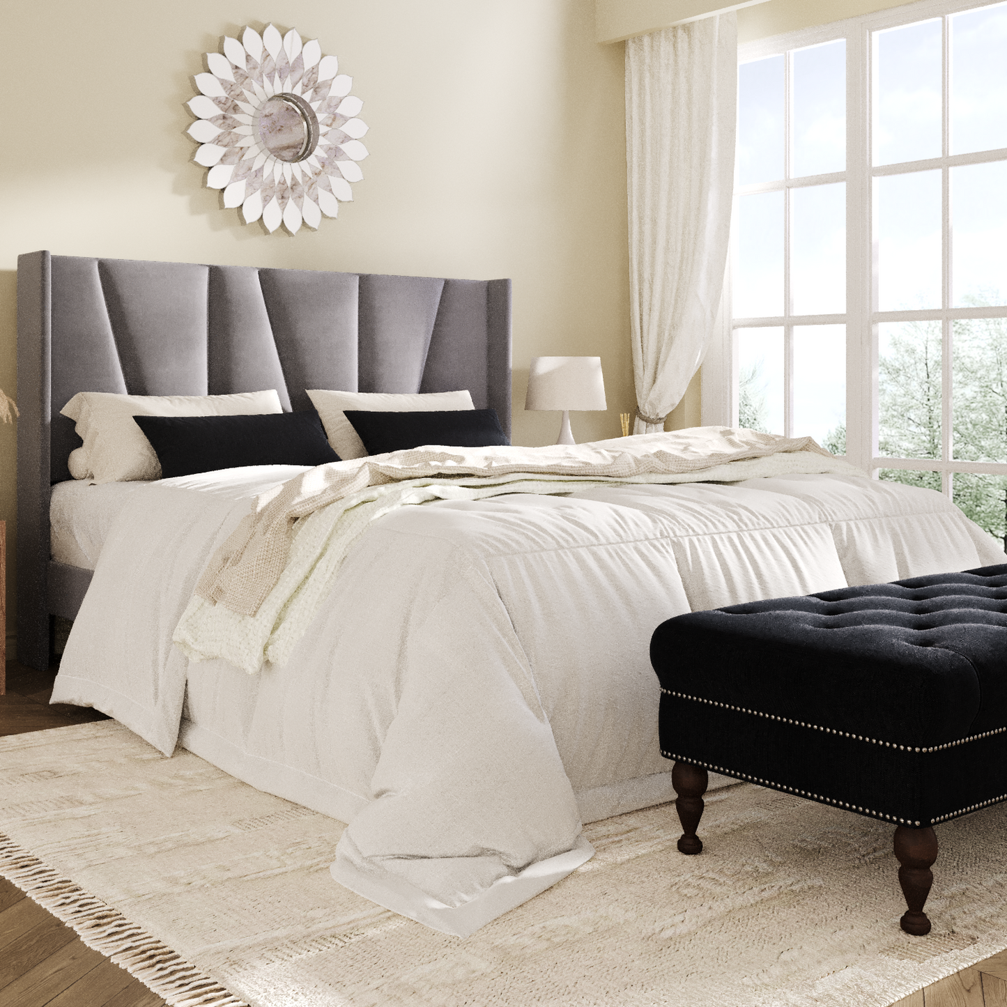 Amolife Bed Frame, Upholstered Platform Bed with Wingback and Geometric Headboard