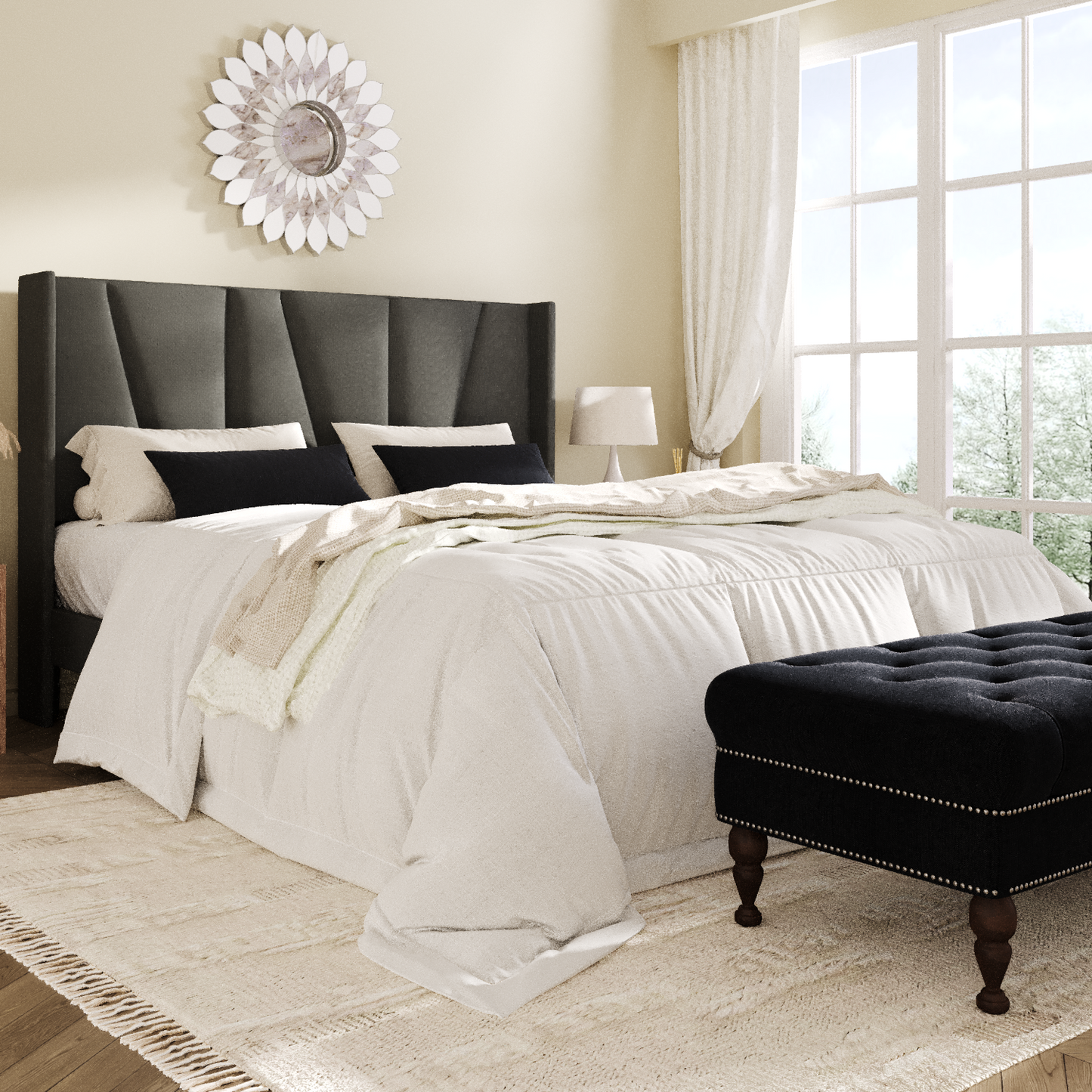 Amolife Bed Frame, Upholstered Platform Bed with Wingback and Geometric Headboard