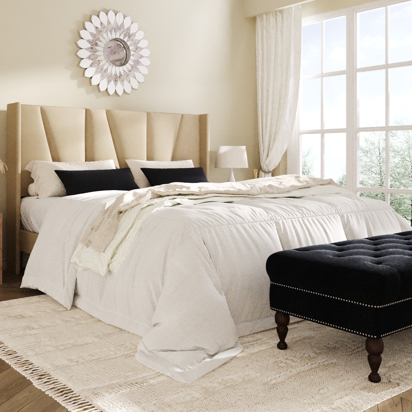 Amolife Bed Frame, Upholstered Platform Bed with Wingback and Geometric Headboard