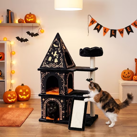 Amolife Gothic Cat Tree Tower for Indoor Cats, Multi-Level Pet Furniture with Hiding Condos, Plush Basket and Scratching Post, Halloween