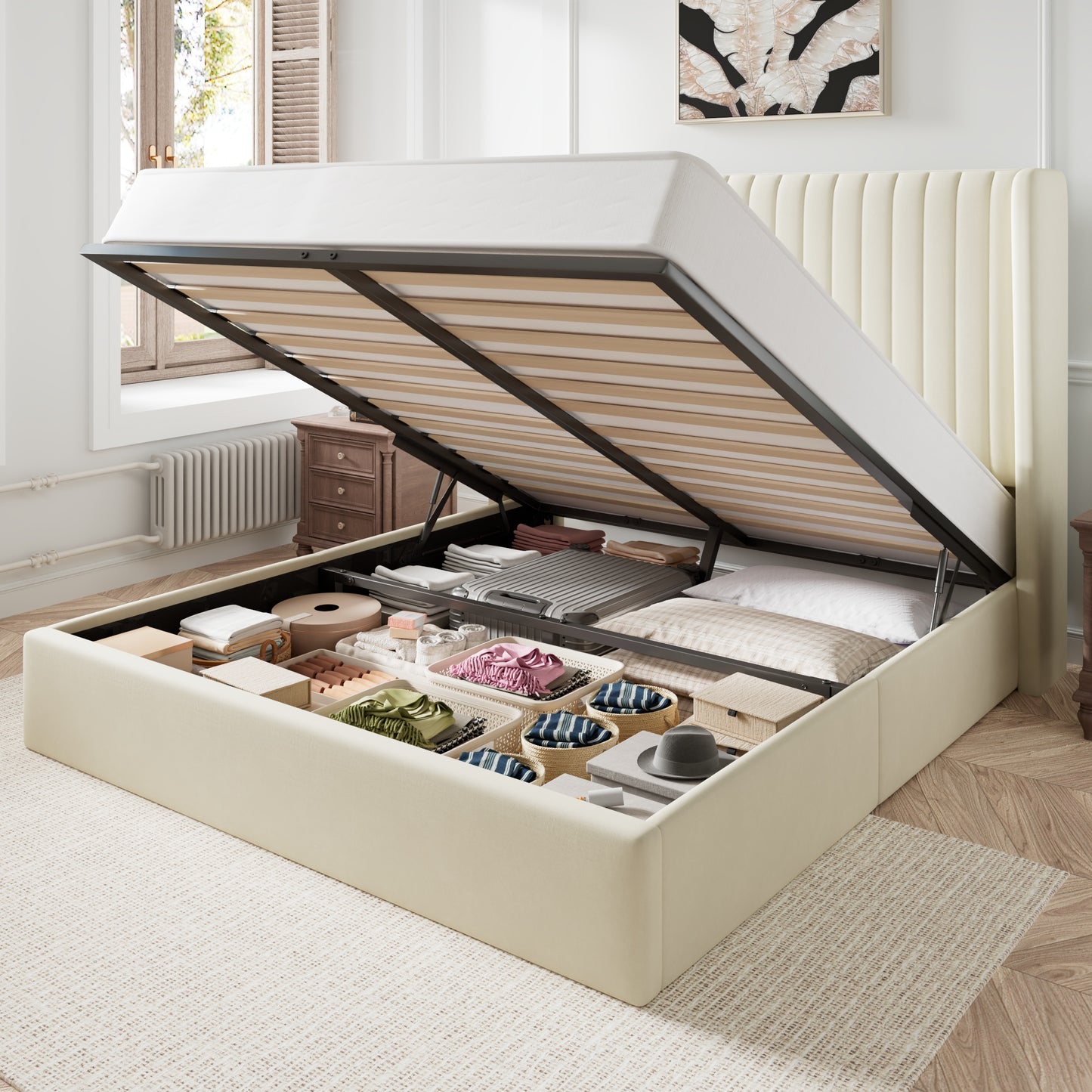 Amolife Lift Up Hydraulic Storage Bed Frame, Platform Bed with Upholstered Wingback Headboard with Vertical Channel Tufting