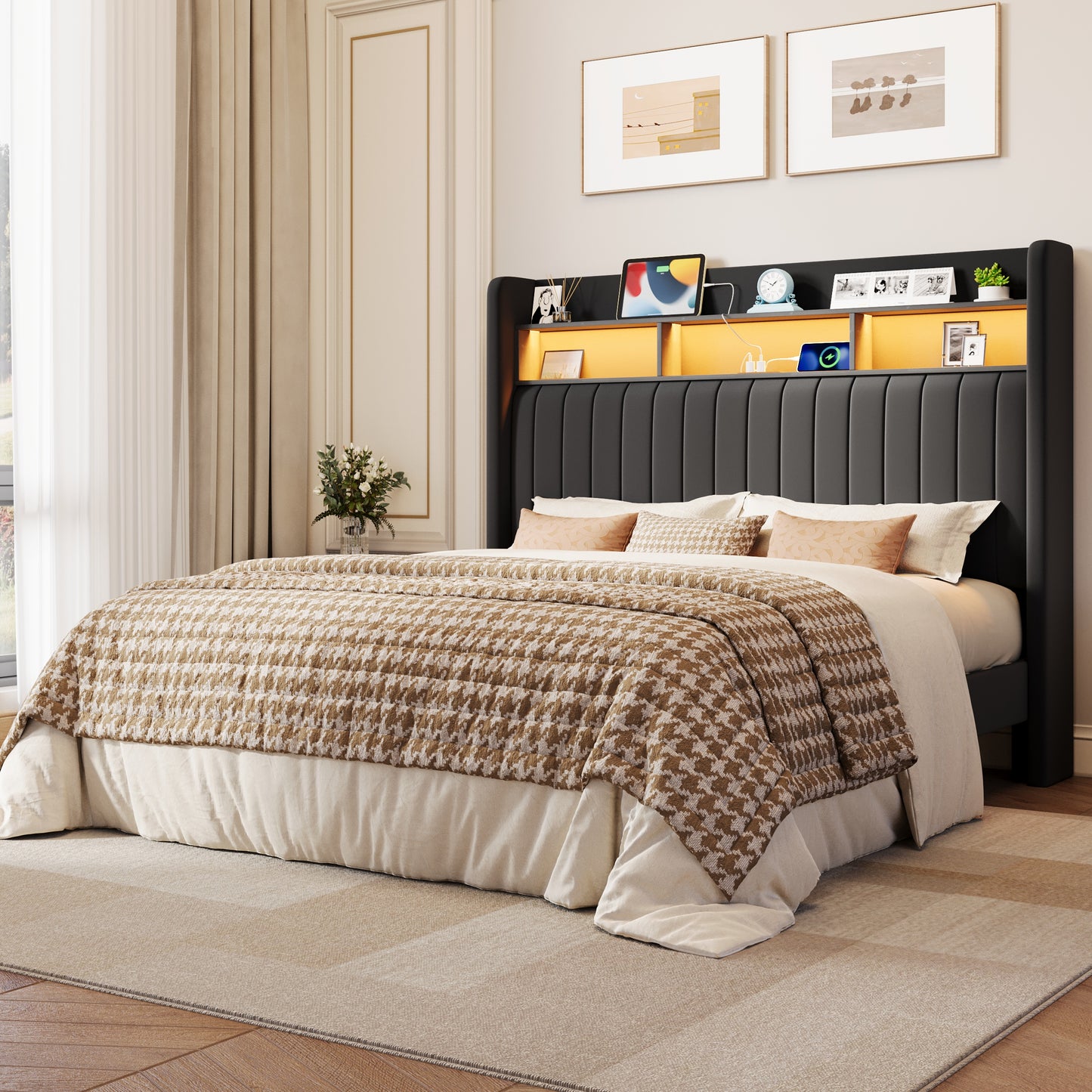 Amolife Bed Frame, RGB LED Lights & Charging Station, Upholstered Wingback Headboard, Noise-Free, No Box Spring Needed