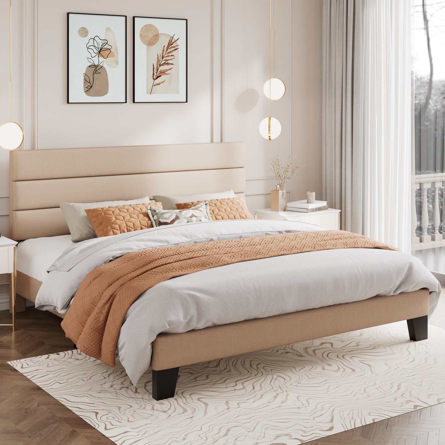 Modern Upholstered Platform Bed Frame with Headboard and Wooden Slats