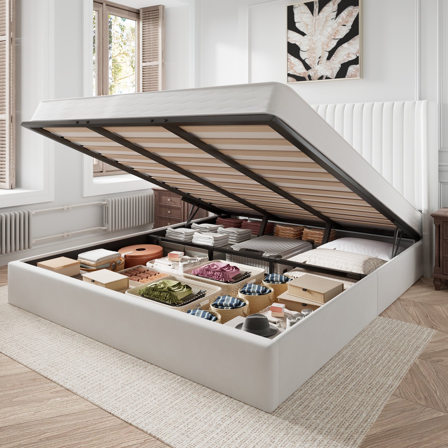 Amolife Lift Up Hydraulic Storage Bed Frame, Platform Bed with Upholstered Wingback Headboard with Vertical Channel Tufting