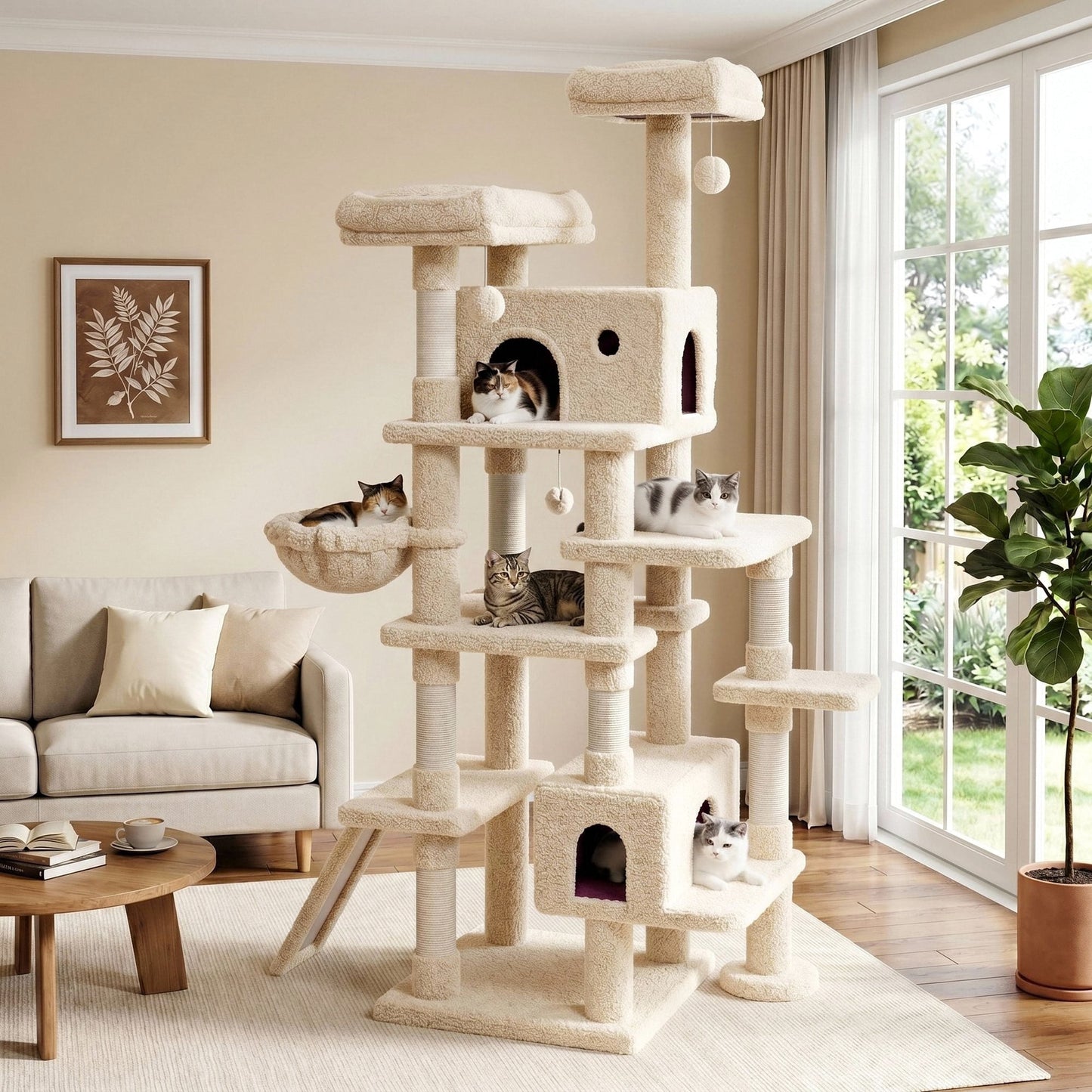 Amolife 82" Multi-Level Large Cat Tree Tower with Hiding Condos, Velvet Basket and Scratching Posts, Heavy Duty