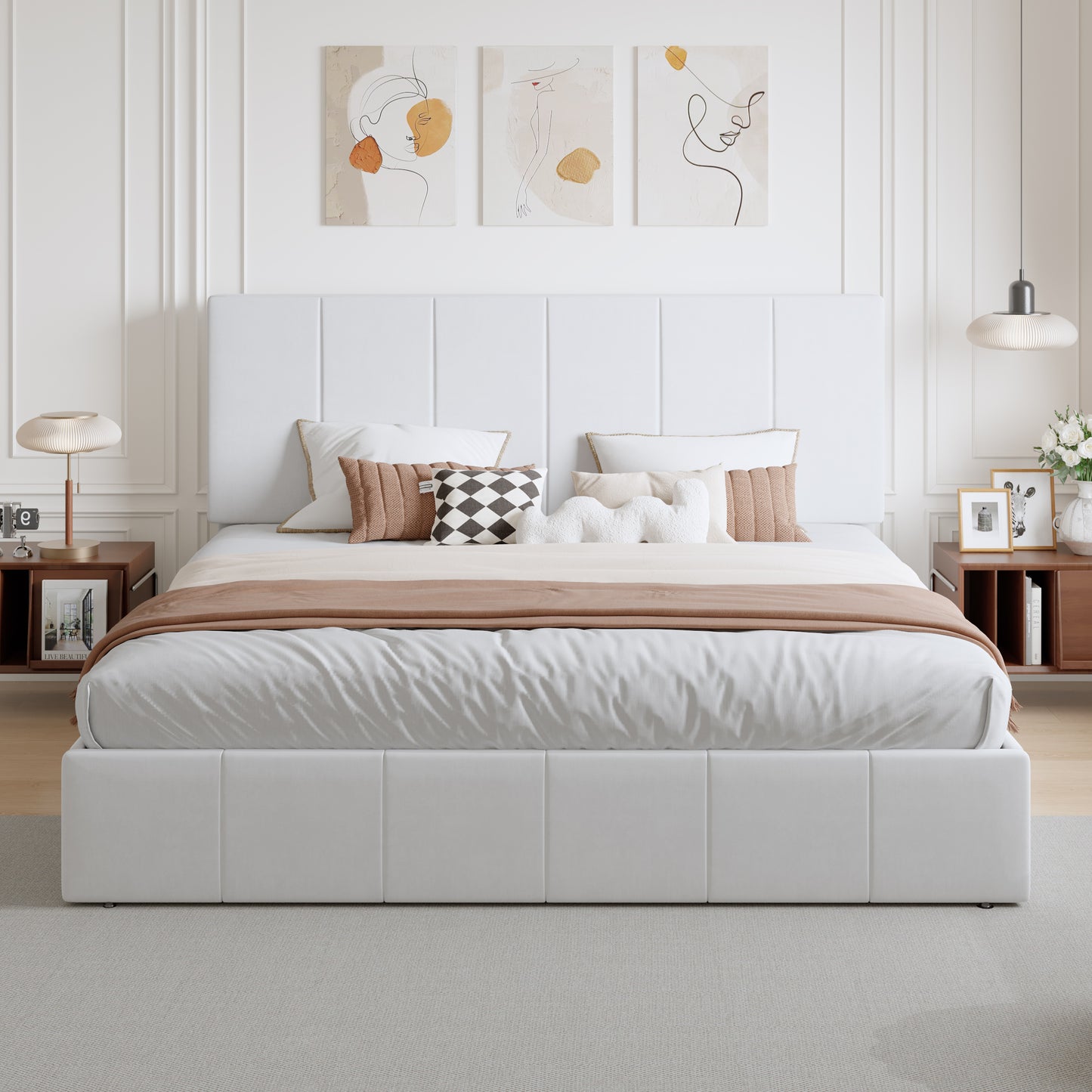 Amolife Dutch Velvet Upholstered Platform Bed Frame with a Vertical-Channel-Tufted, Adjustable Headboard