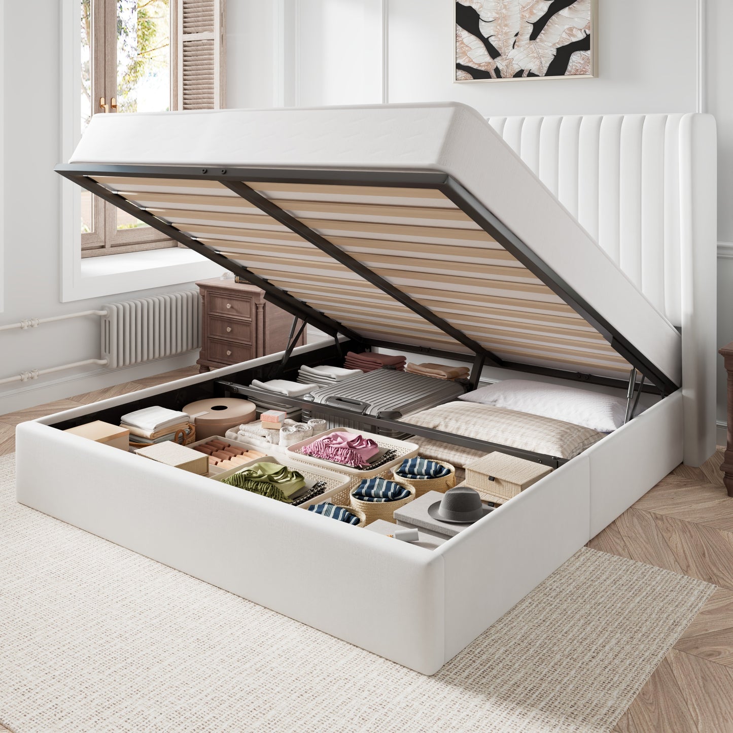Amolife Lift Up Hydraulic Storage Bed Frame, Platform Bed with Upholstered Wingback Headboard with Vertical Channel Tufting