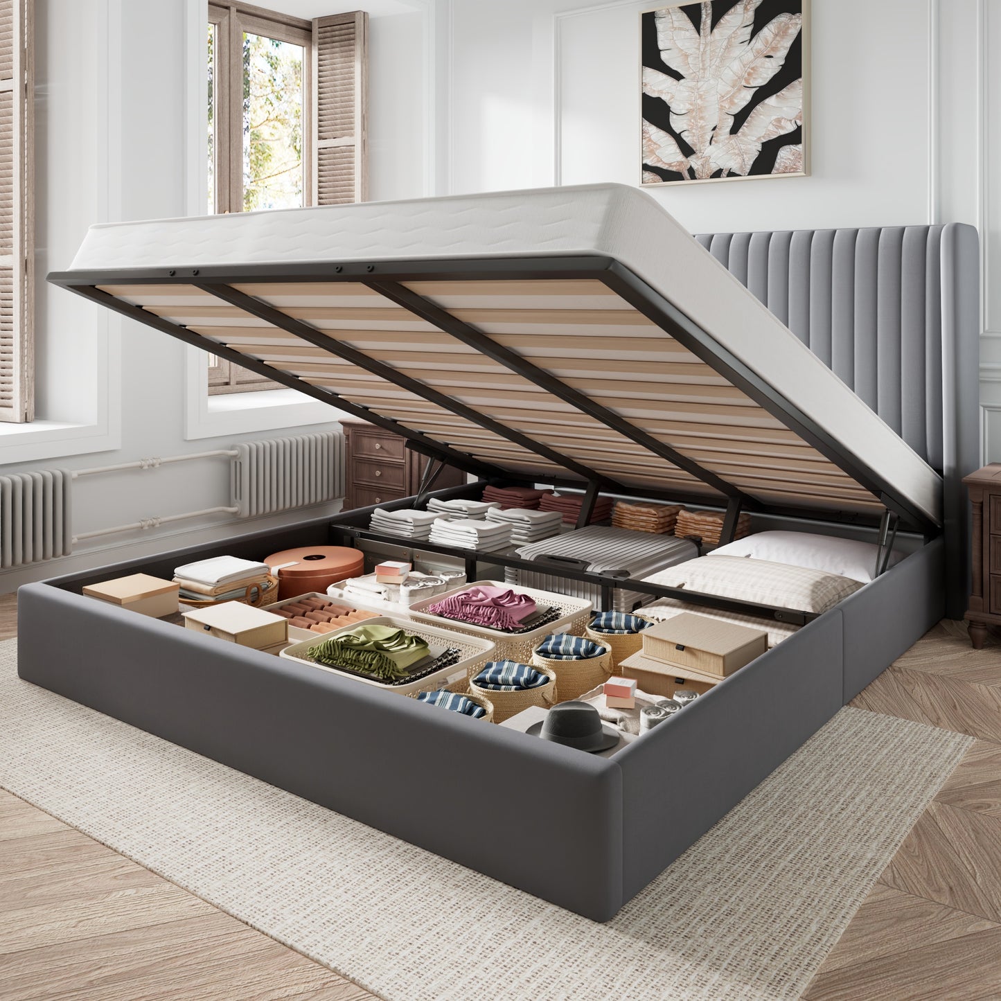 Amolife Lift Up Hydraulic Storage Bed Frame, Platform Bed with Upholstered Wingback Headboard with Vertical Channel Tufting