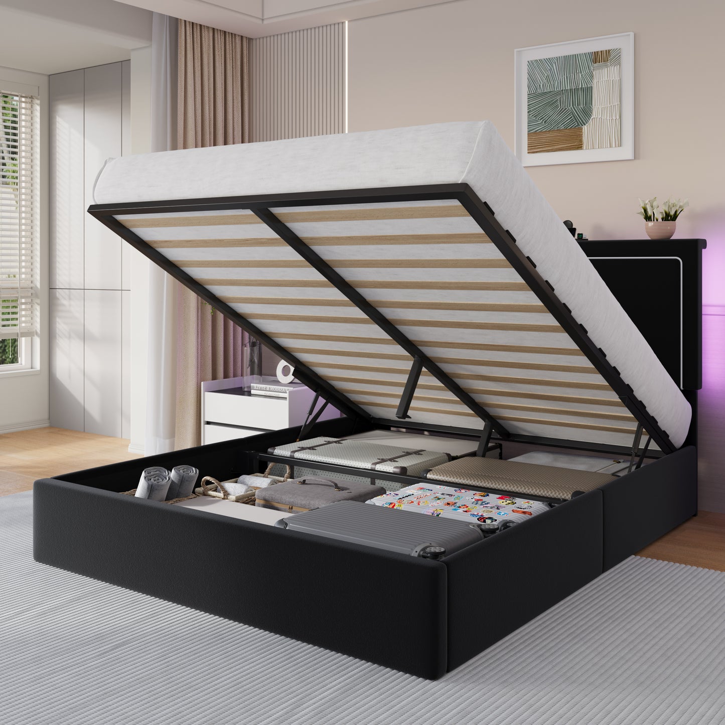 Amolife Lift Up Hydraulic Storage Bed Frame, Platform Bed with Velvet LED Light and Built-in Charging Station Headboard
