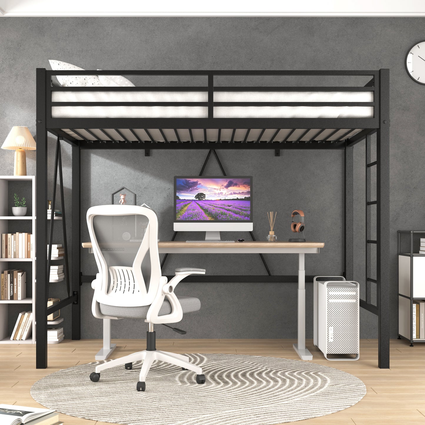 Loft Bed Frame for Juniors&Adults, Metal Loft Bed Twin Size with Safety Guardrail&Removable Ladder, Space-Saving, Noise Free