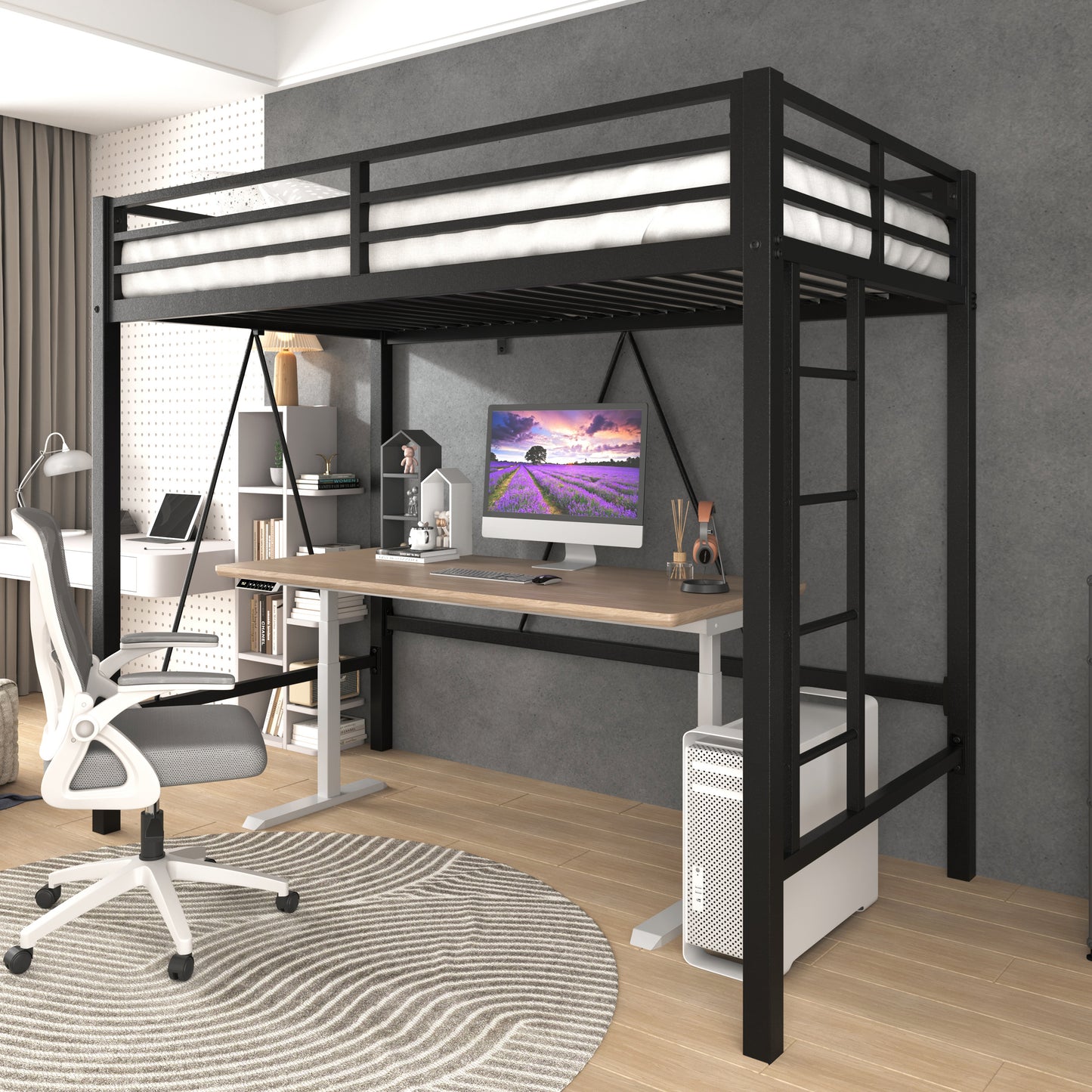 Loft Bed Frame for Juniors&Adults, Metal Loft Bed Twin Size with Safety Guardrail&Removable Ladder, Space-Saving, Noise Free