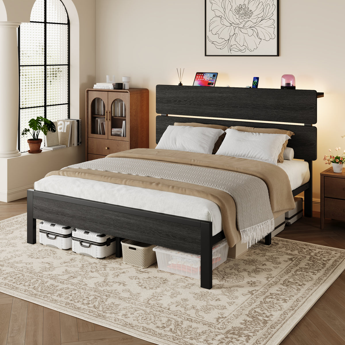 Amolife Bed Frame, Metal Platform Bed with Smart LED Light Wooden Storage Headboard, USB Ports & AC Sockets, Black Oak
