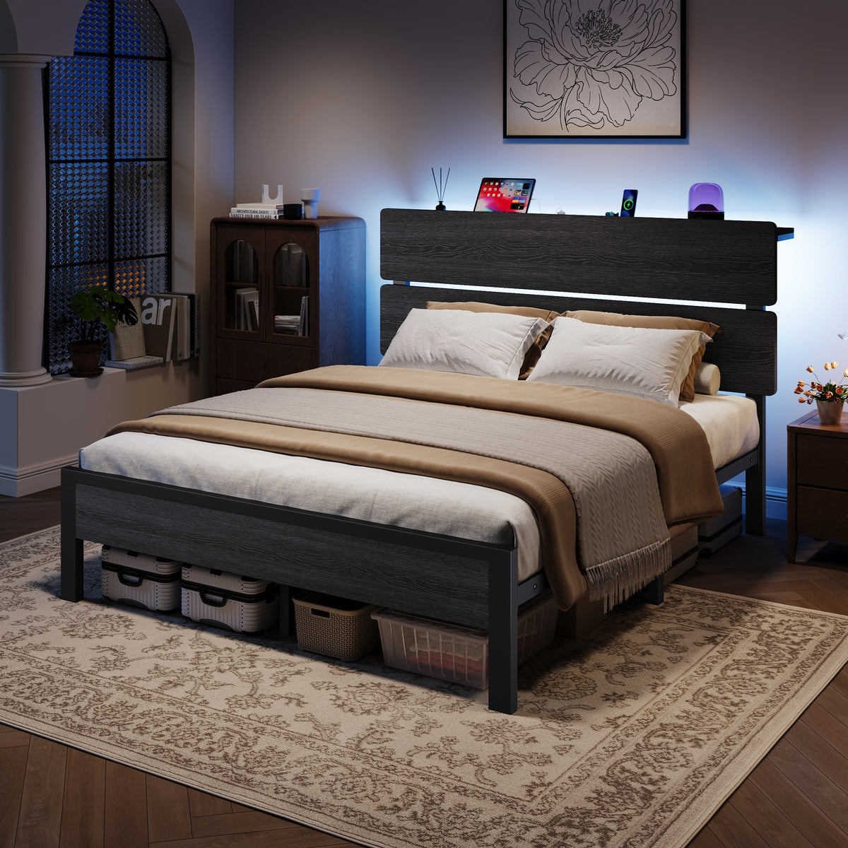 Amolife Bed Frame, Metal Platform Bed with Smart LED Light Wooden Storage Headboard, USB Ports & AC Sockets, Black Oak