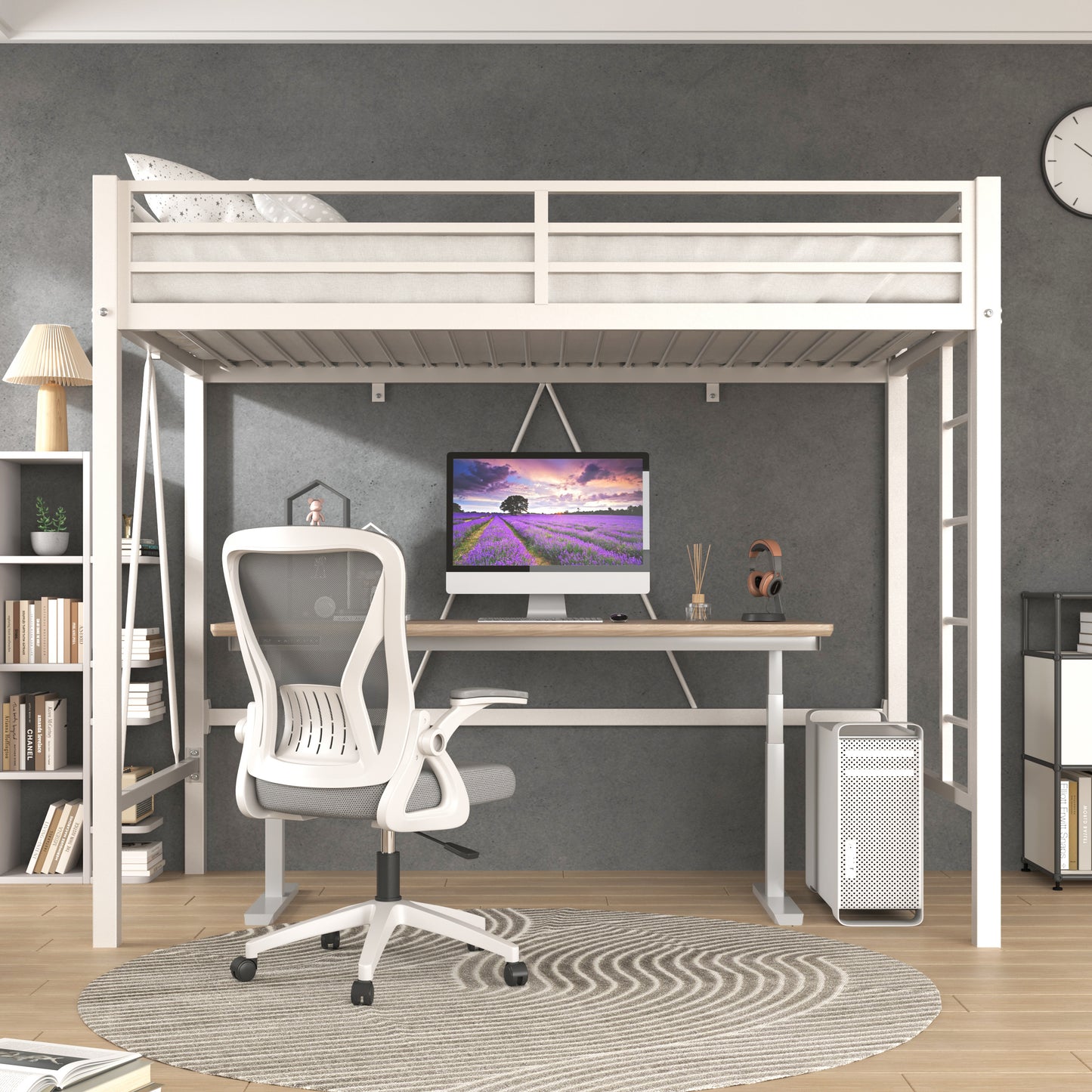 Loft Bed Frame for Juniors&Adults, Metal Loft Bed Twin Size with Safety Guardrail&Removable Ladder, Space-Saving, Noise Free