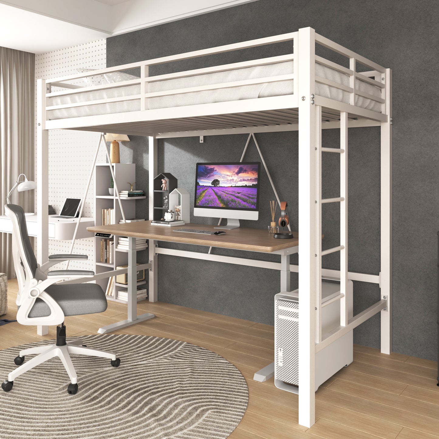 Loft Bed Frame for Juniors&Adults, Metal Loft Bed Twin Size with Safety Guardrail&Removable Ladder, Space-Saving, Noise Free