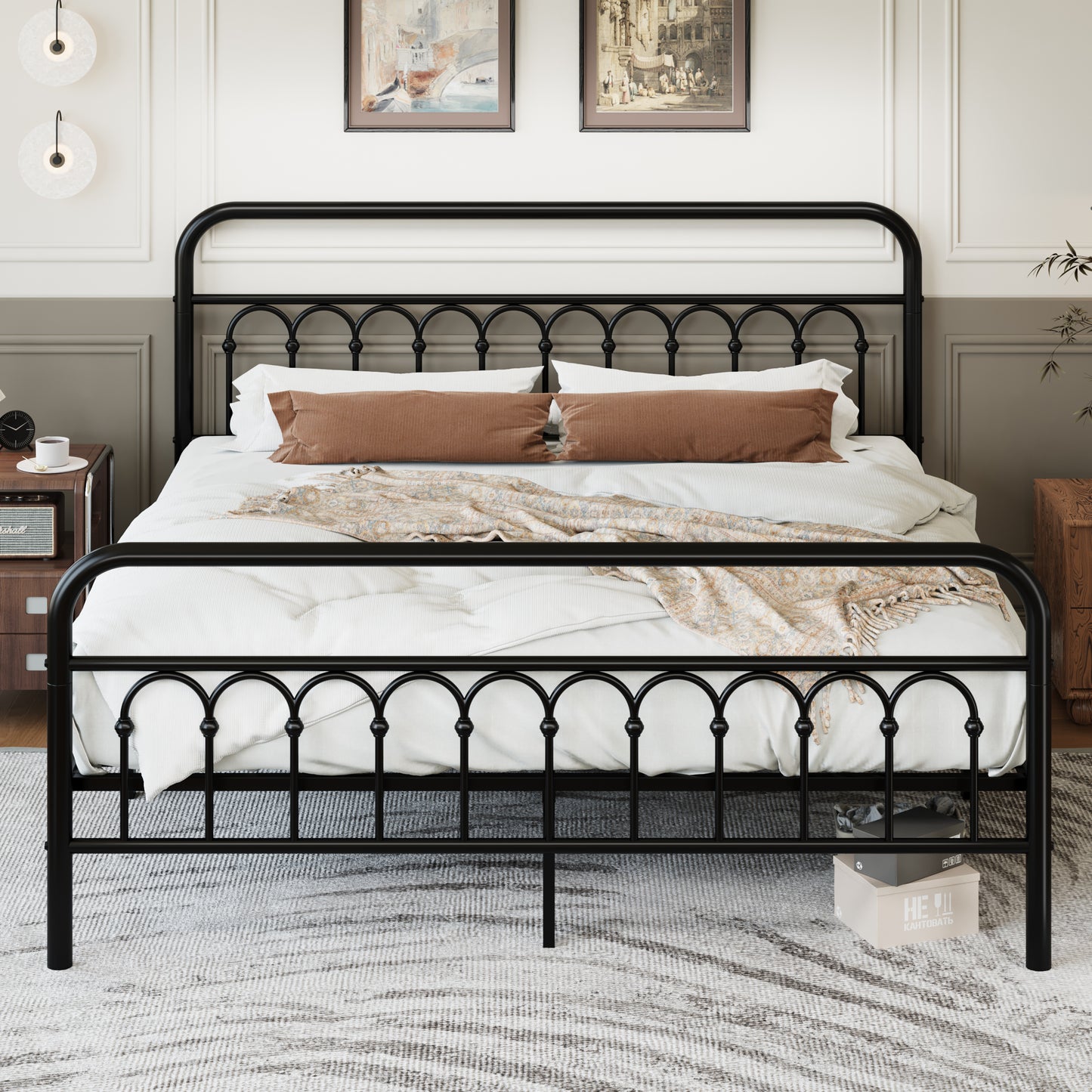 Amolife Elegant Metal Platform Bed with a Retro and Curved Iron-Art Headboard