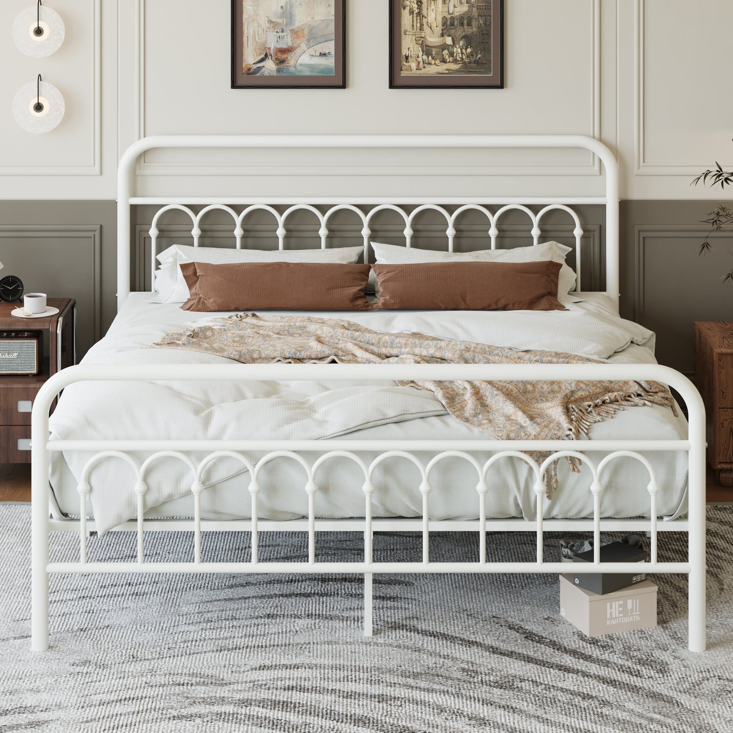 Amolife Elegant Metal Platform Bed with a Retro and Curved Iron-Art Headboard