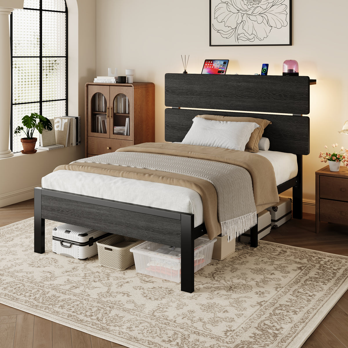 Amolife Bed Frame, Metal Platform Bed with Smart LED Light Wooden Storage Headboard, USB Ports & AC Sockets, Black Oak