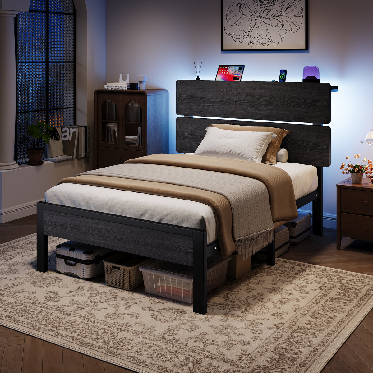 Amolife Bed Frame, Metal Platform Bed with Smart LED Light Wooden Storage Headboard, USB Ports & AC Sockets, Black Oak