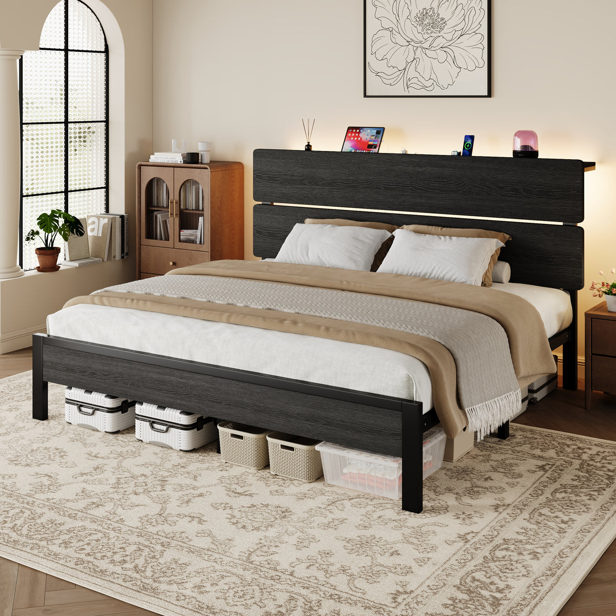 Amolife Bed Frame, Metal Platform Bed with Smart LED Light Wooden Storage Headboard, USB Ports & AC Sockets, Black Oak